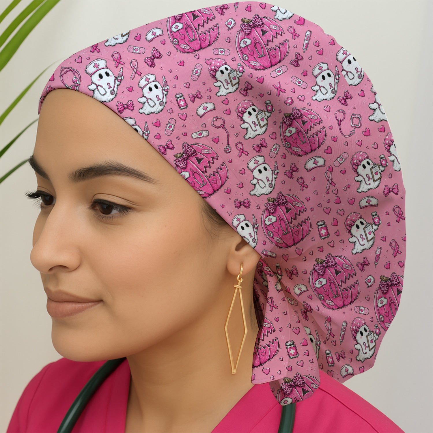 Pink Ribbon Ghost Pattern Scrub Cap, Surgical Caps for Doctors