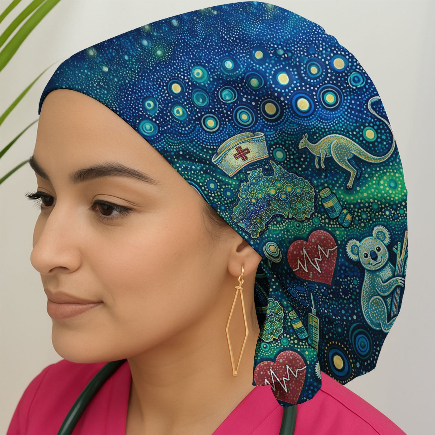 Aboriginal Nurse Australia Scrub Cap, Kangaroo Koala Dot Art Medical Pattern Hat, Breathable Fabrics Nursing Uniform