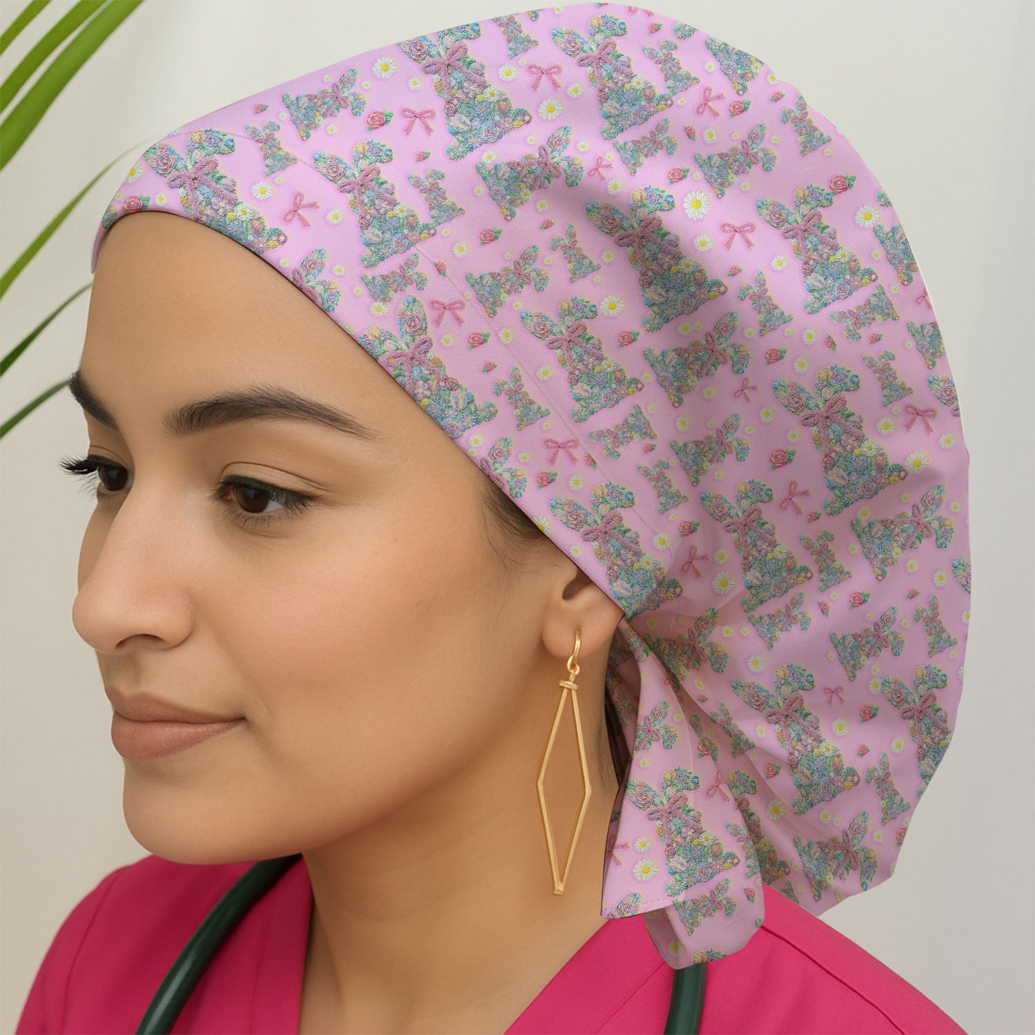 Colorful Floral Bunny with Pink Bow Pattern Scrub Cap, Breathable Fabrics Caps Uniform