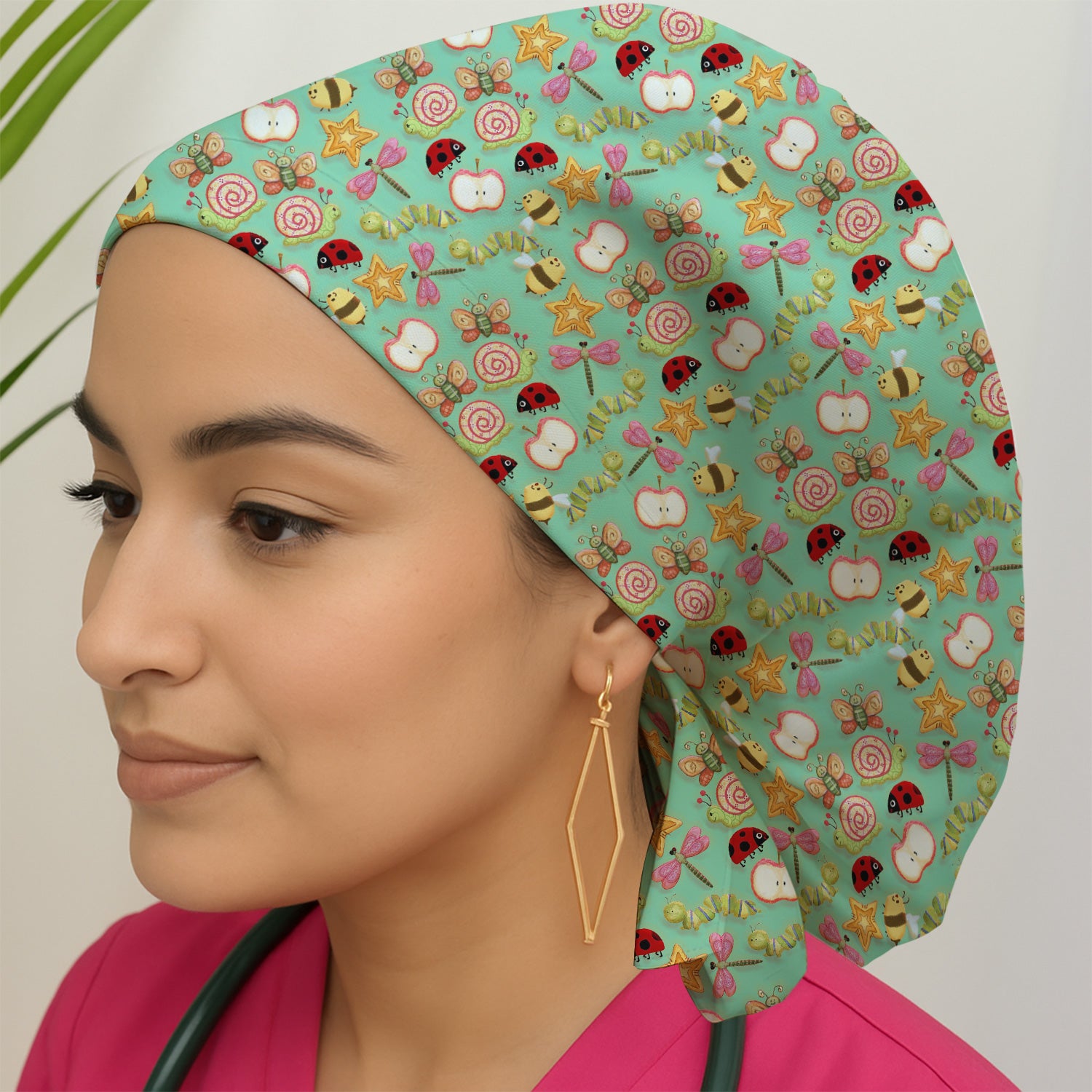 Cute Nurse Snail Ladybug Caterpillar Apple Garden Pattern Scrub Cap, Surgical Caps for Doctors
