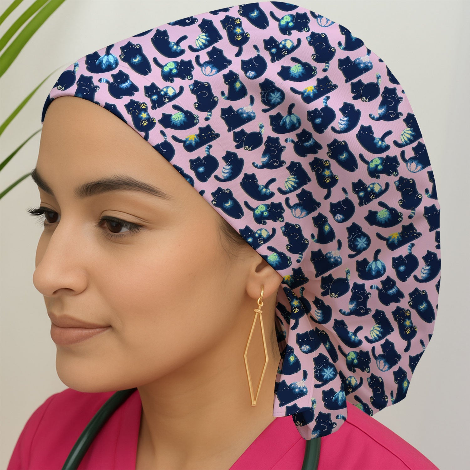 Midnight Cat Scrub Cap, Black Cat Pattern Nurse Hat, Breathable Fabrics Nursing Uniform