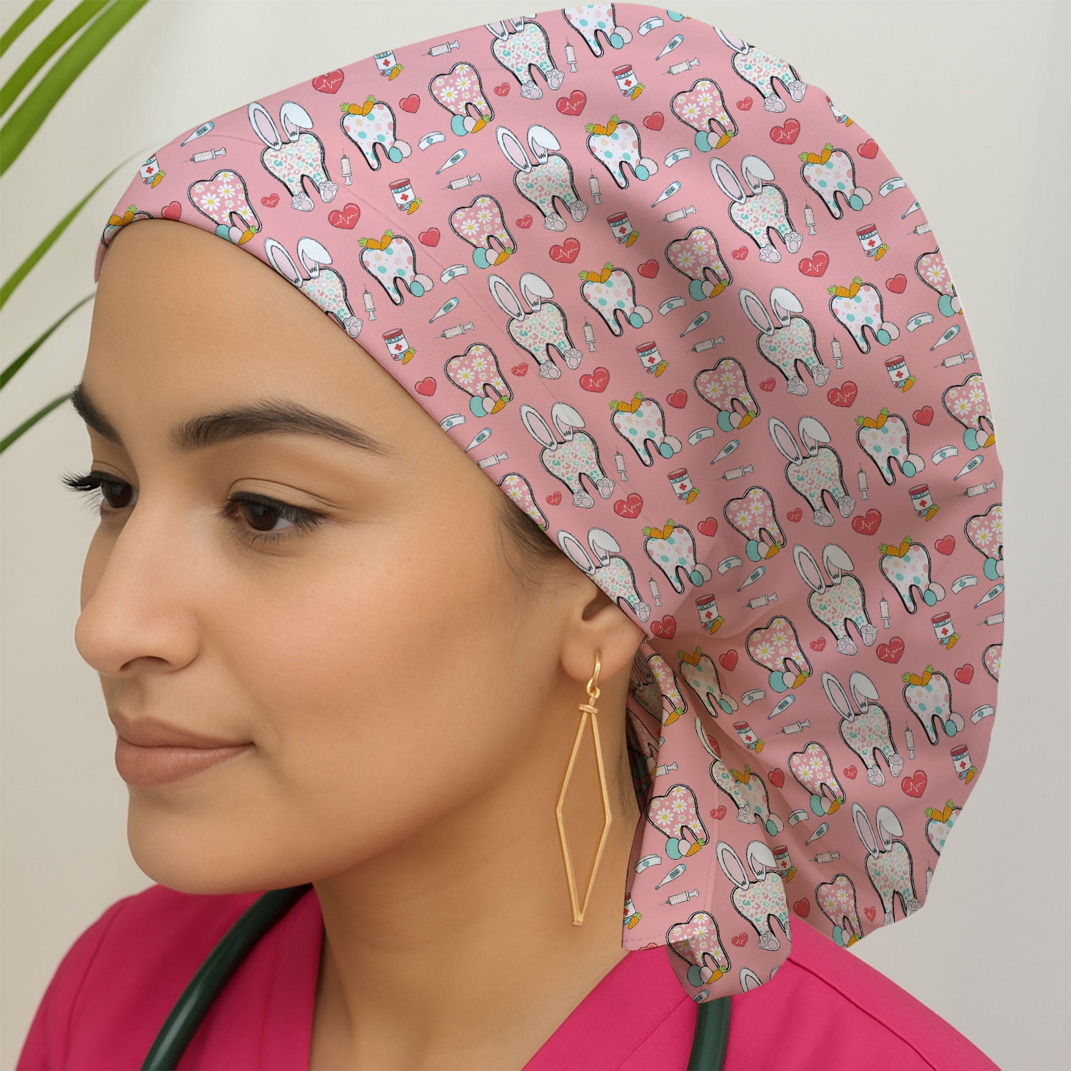 Playful Bunny Dentist Illustration Medical Cap, Bouffant Scrub Caps for Women