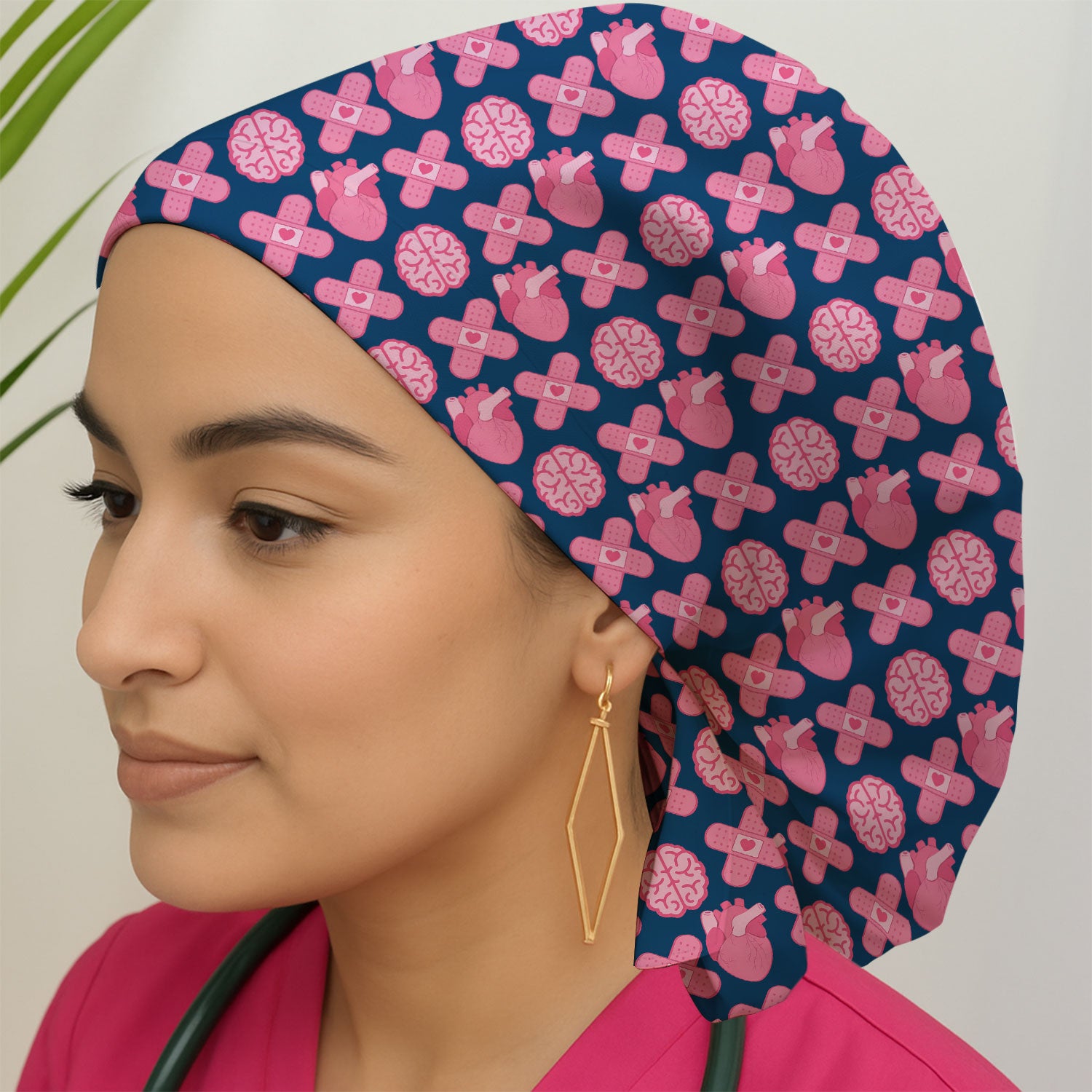 Heart & Brain Medical Icon Pattern Scrub Cap, Bouffant Scrub Caps for Women
