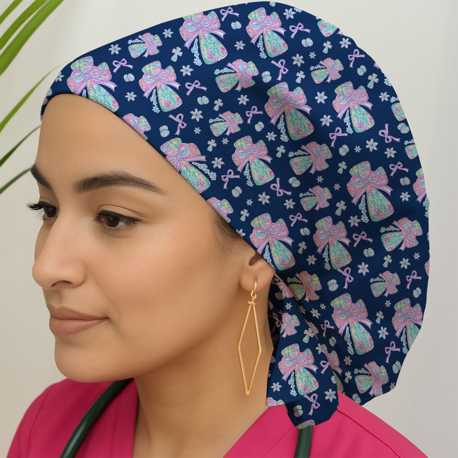 Colorful Bow Pattern Bouffant Scrub Caps, Breathable Fabrics Caps Uniform