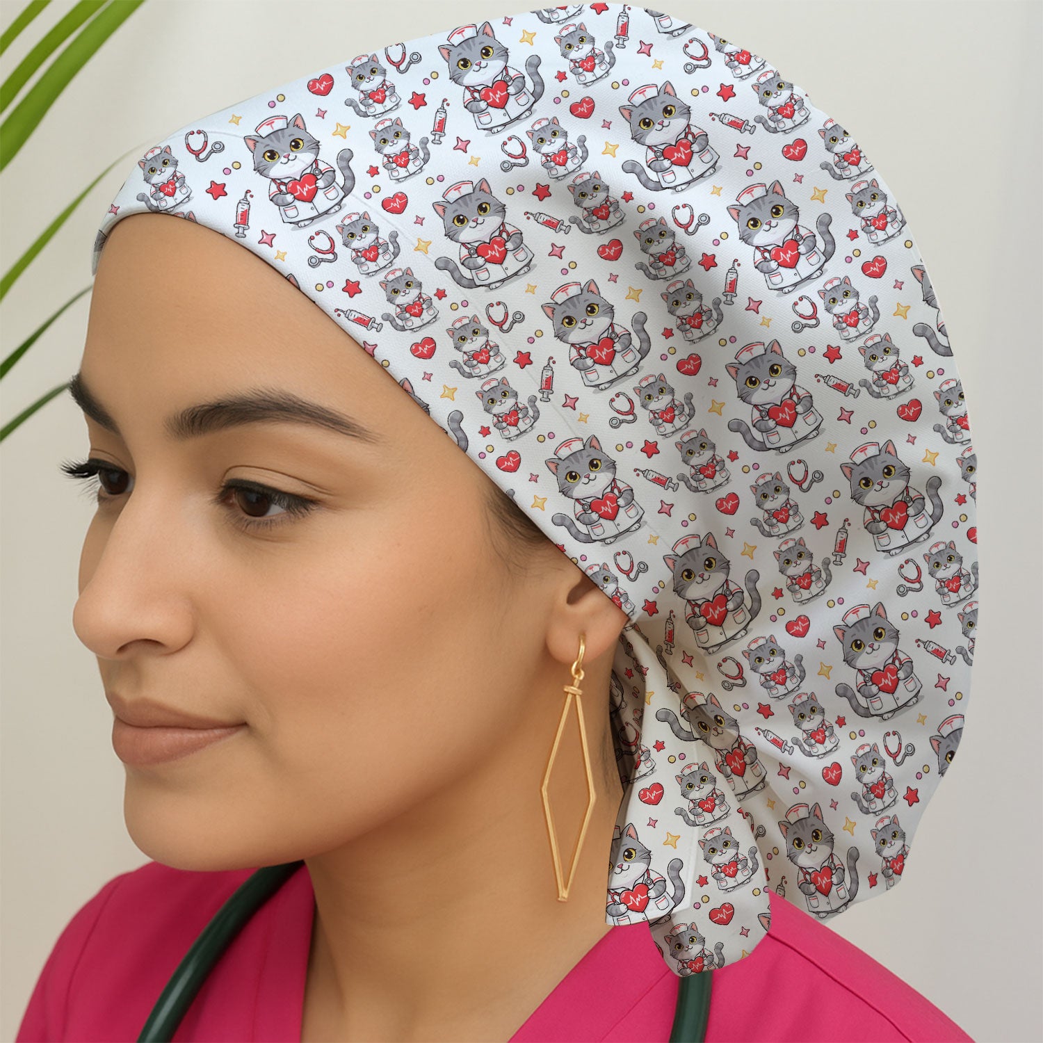 Cute Nurse Cat Heart Medical Print Cap,  Bouffant Scrub Caps for Women