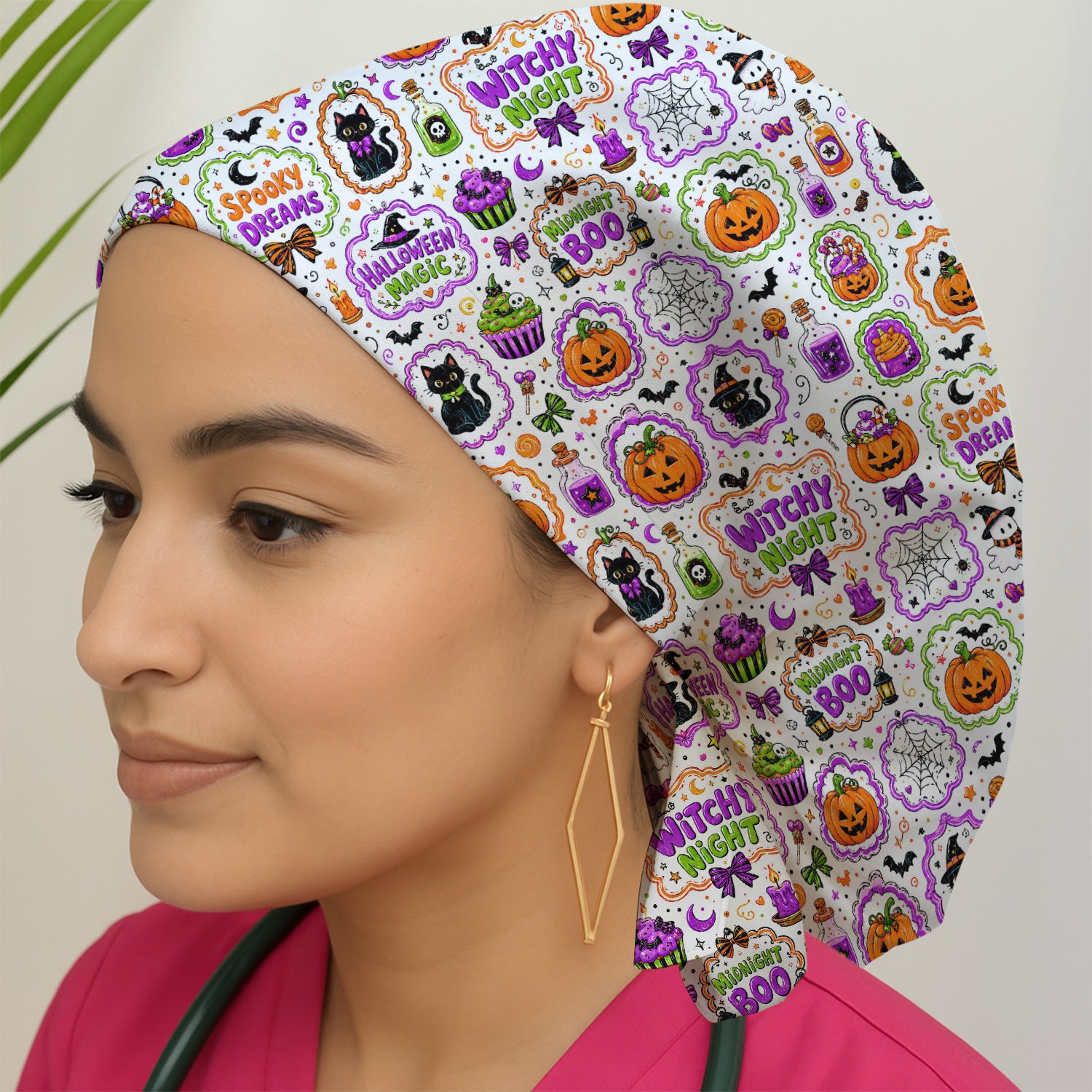 Witchy Halloween Magic And Pumpkins Scrub Cap, Surgical Caps for Doctors