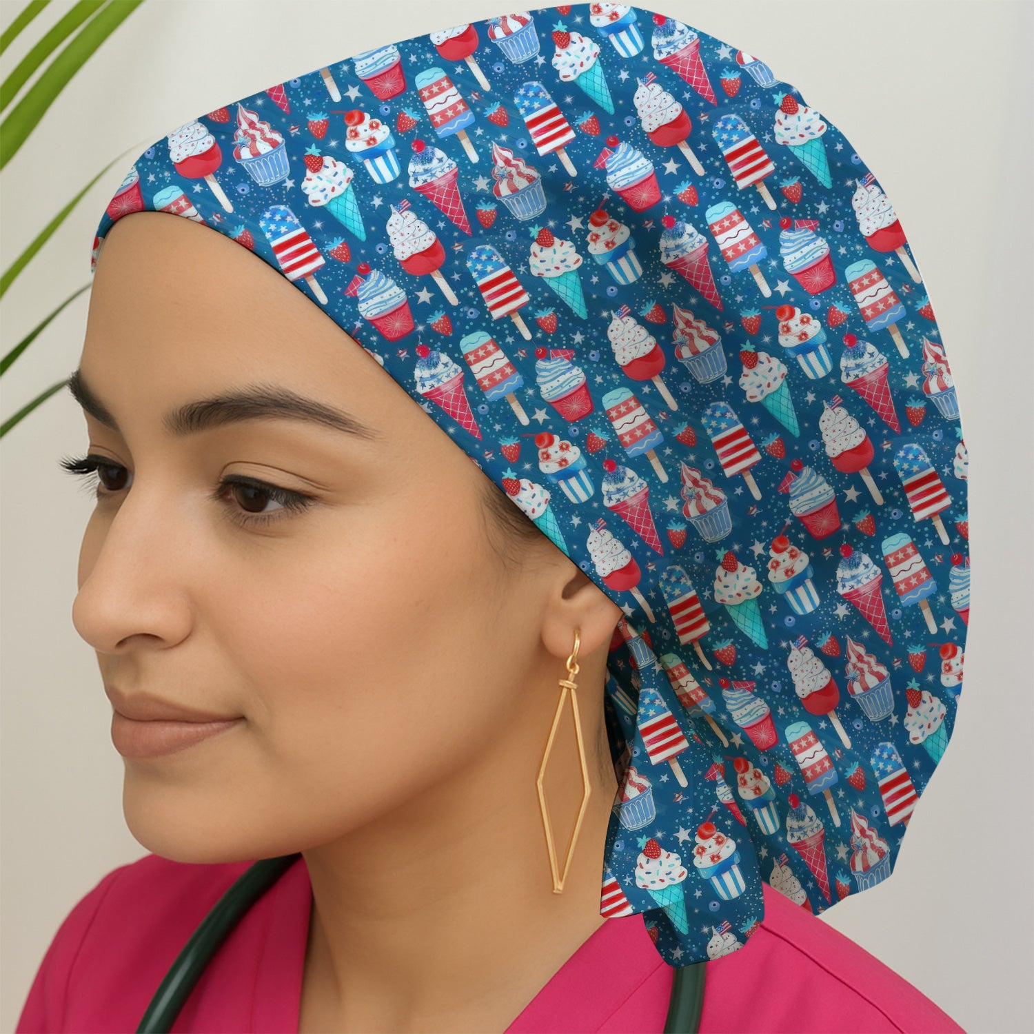 Cute Patriotic Ice Cream Popsicles With USA Flag Dessert Scrub Cap, Surgical Caps for Doctors