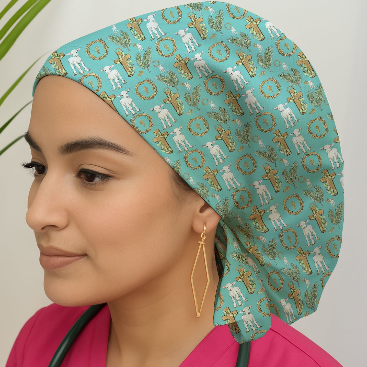 Faith Lamb Cross Pattern Scrub Cap, Bouffant Scrub Caps for Women