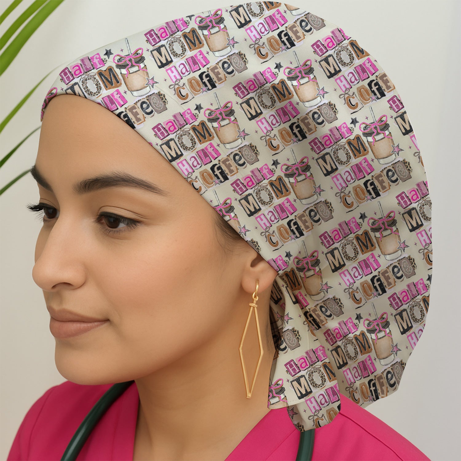 Half Mom Half Coffee Print Scrub Cap, Bouffant Scrub Caps for Women