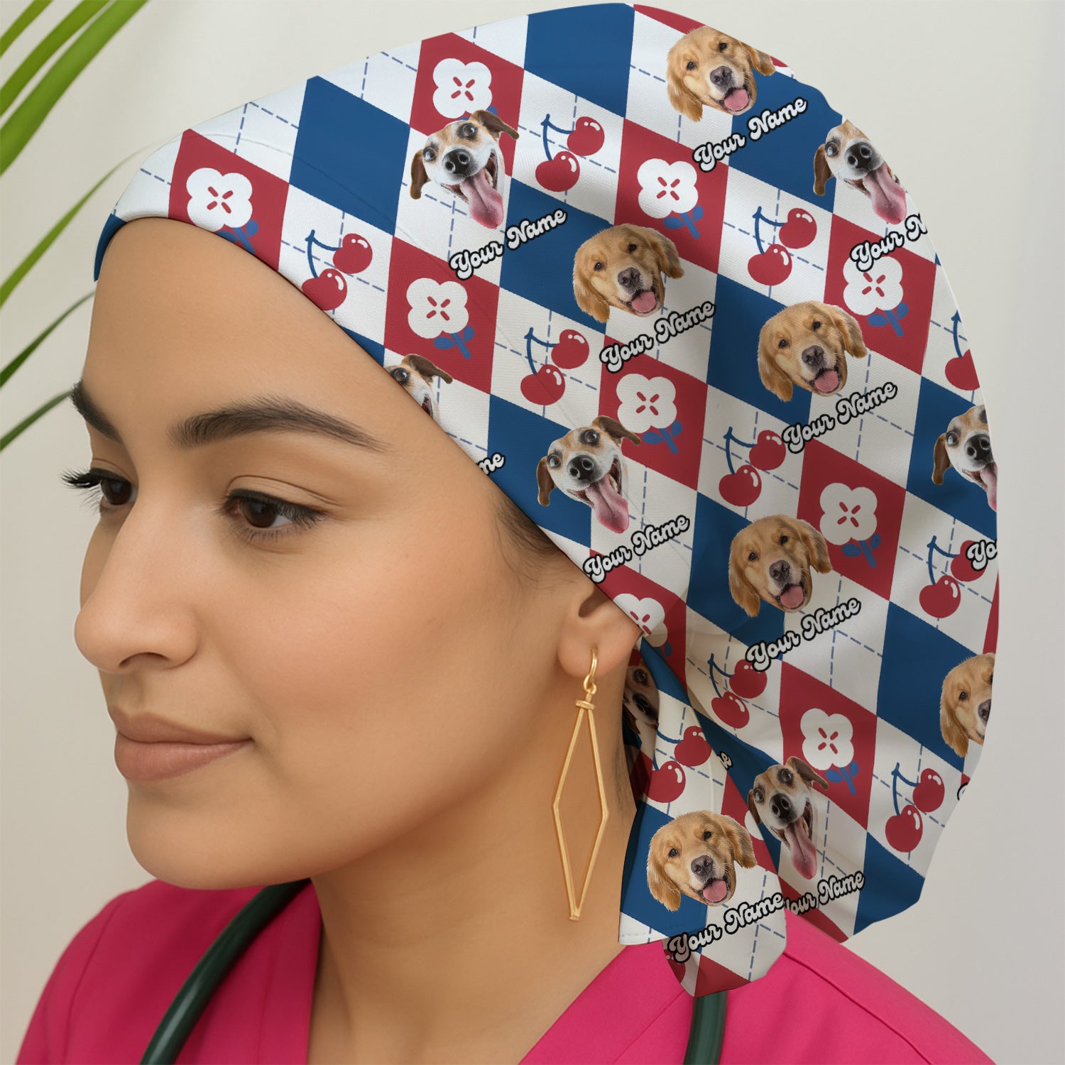 Custom Dog Face Scrub Cap, Playful Dog Cherry Argyle Pattern, Surgical Caps for Doctors