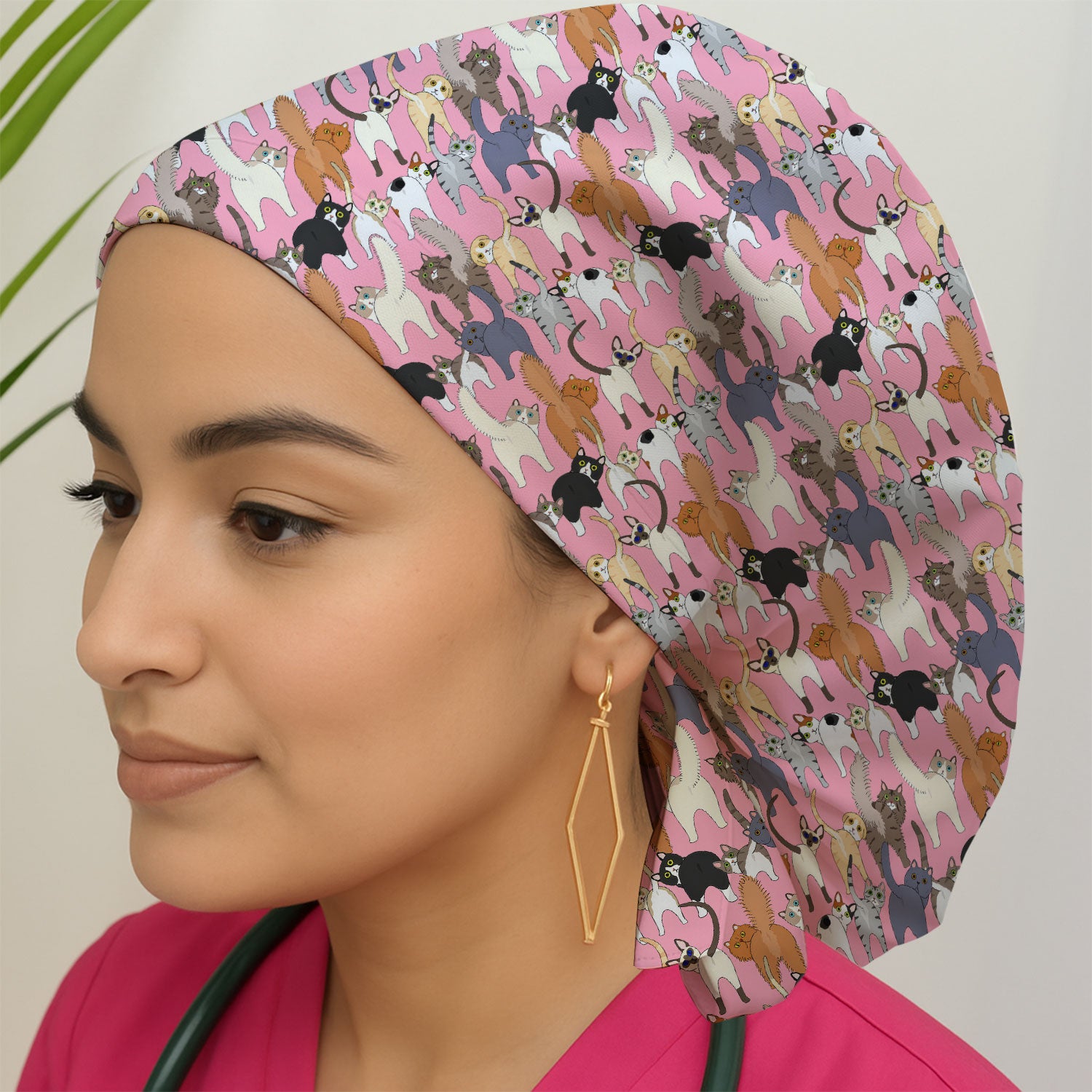 Whimsical Multicolor Cat Cartoon Pattern Cap, Bouffant Scrub Caps for Women