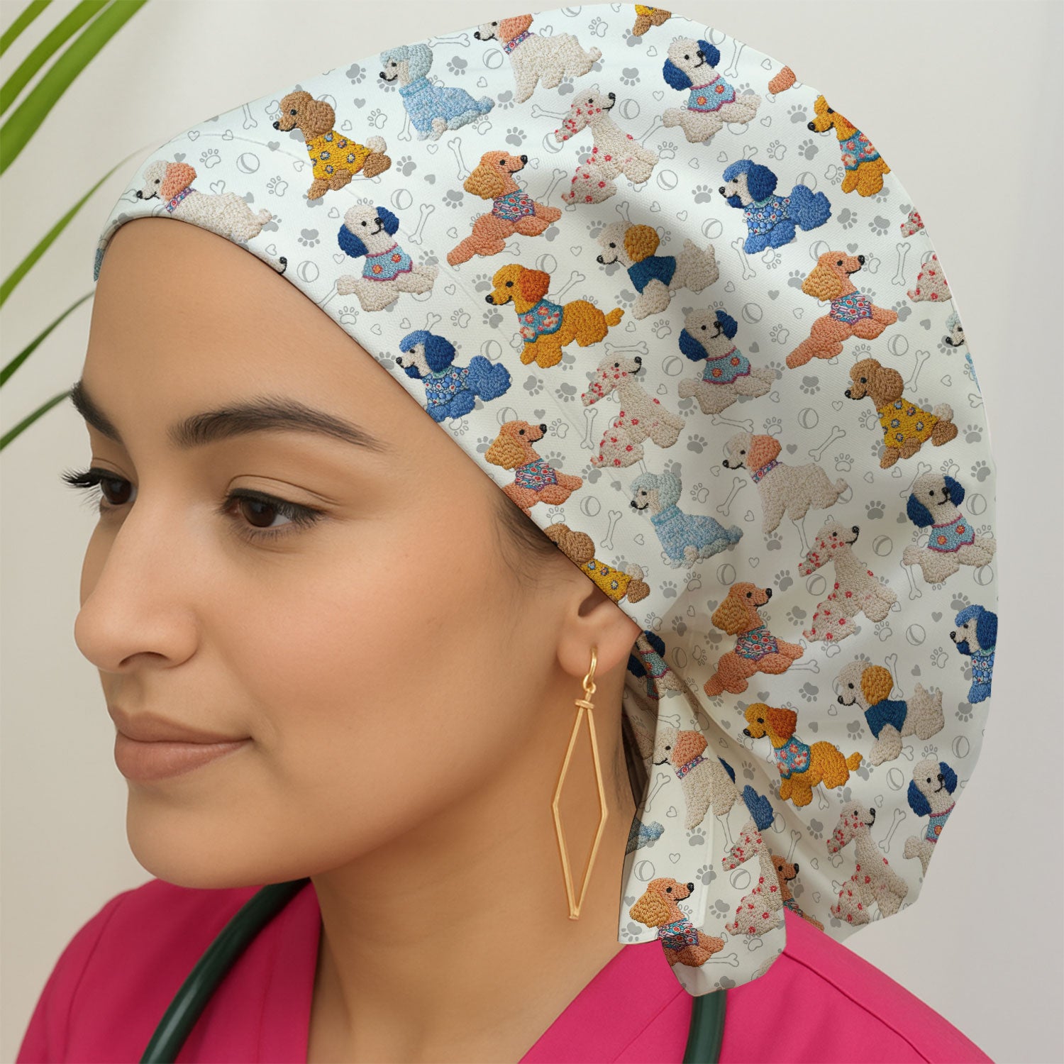 Cute Colorful Poodle Pattern Scrub Cap, Breathable Fabrics Caps Uniform