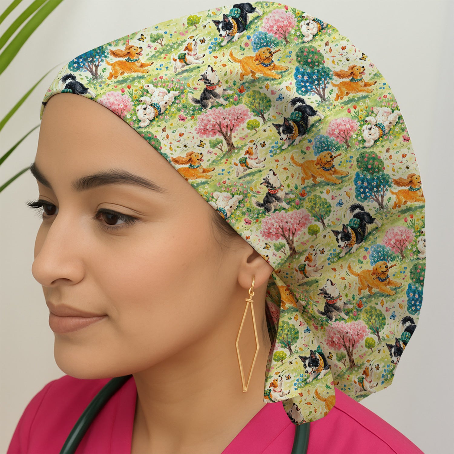 Playful Spring Garden Dogs Pattern Scrub Cap, Surgical Caps for Doctors