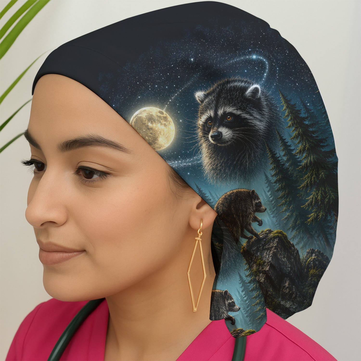Raccoon On A Moonlit Branch Print Scrub Cap, Surgical Caps for Doctors