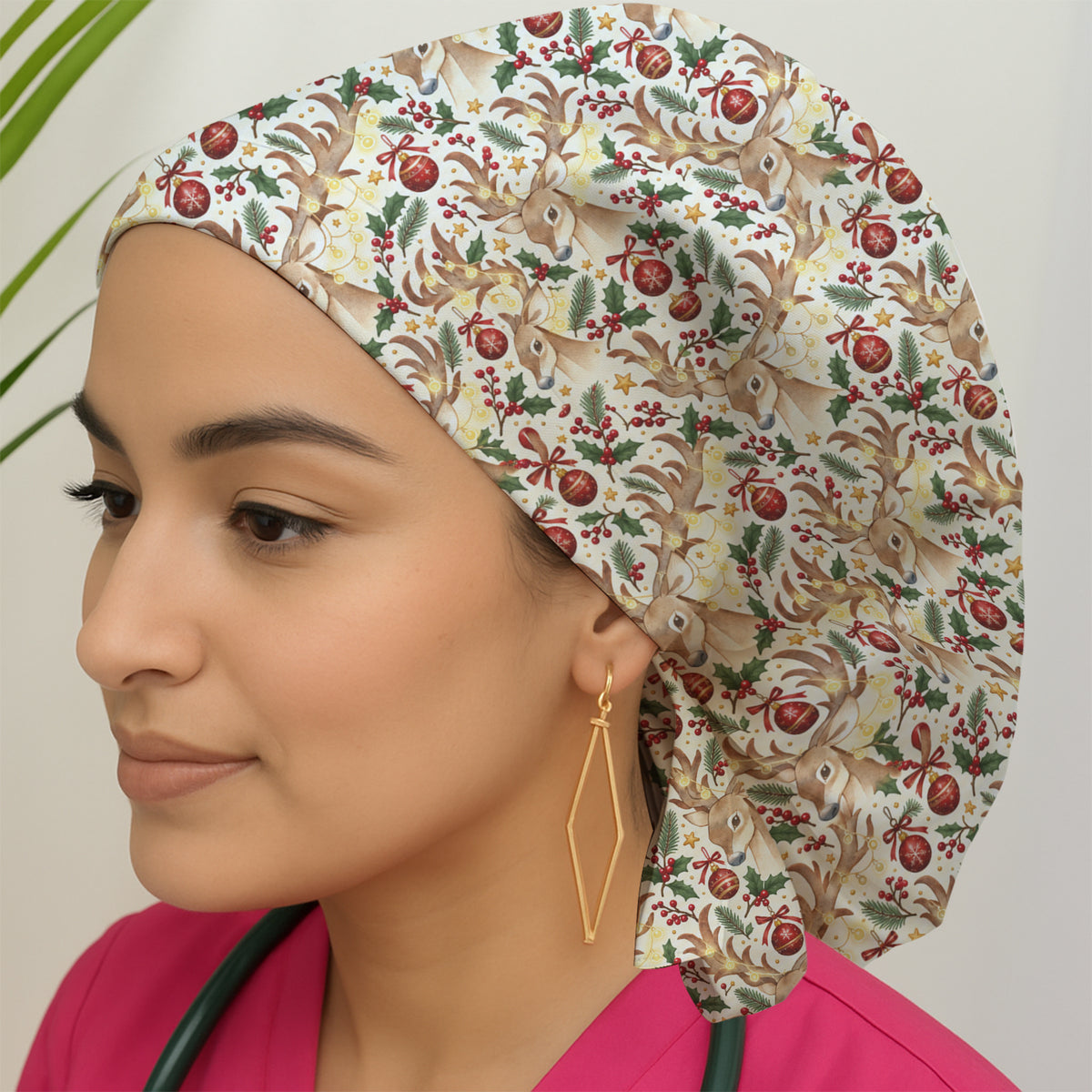 Christmas Reindeer And Holly Scrub Cap, Surgical Caps for Doctors