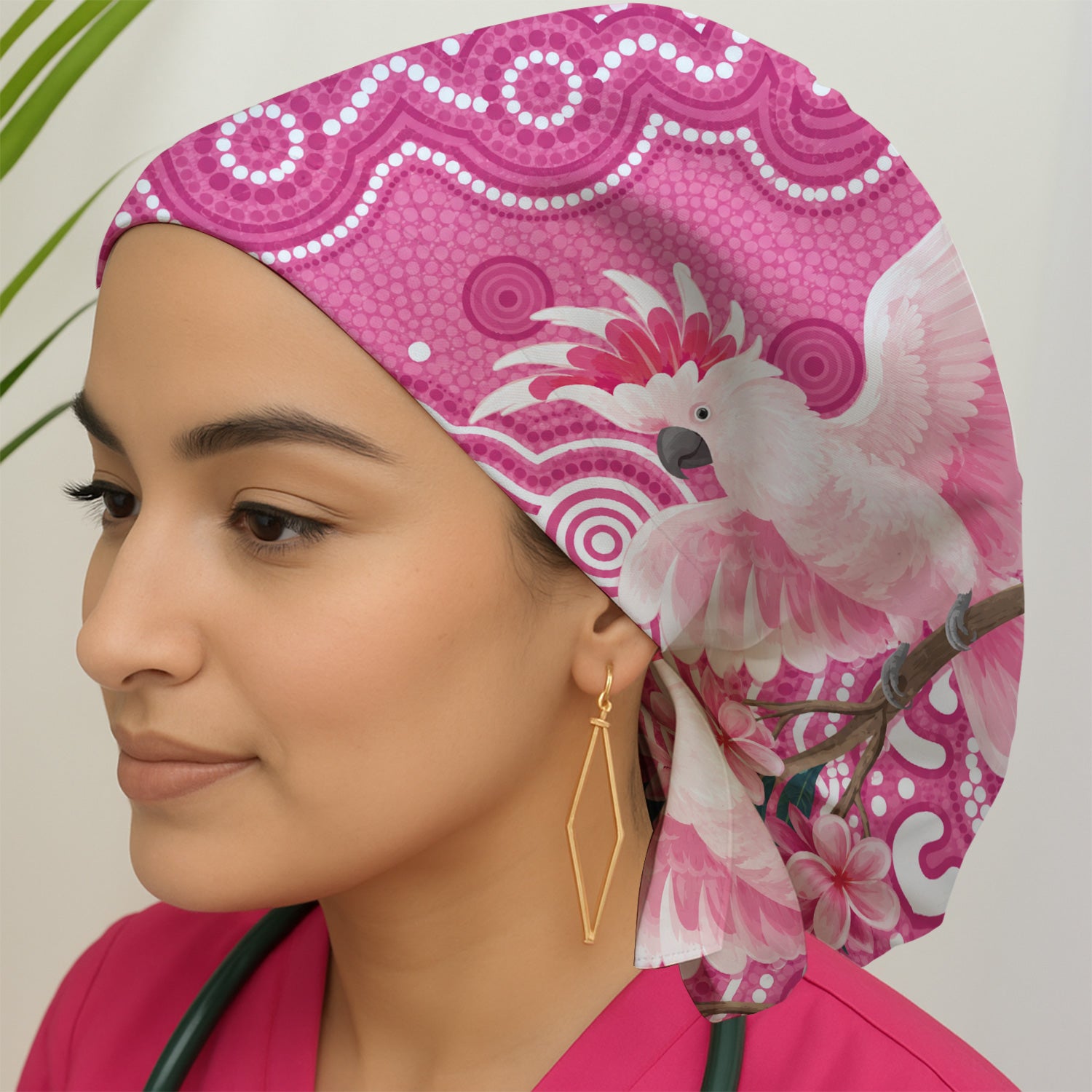 Pink Cockatoo Floral Dot Pattern Scrub Cap, Surgical Caps for Doctors