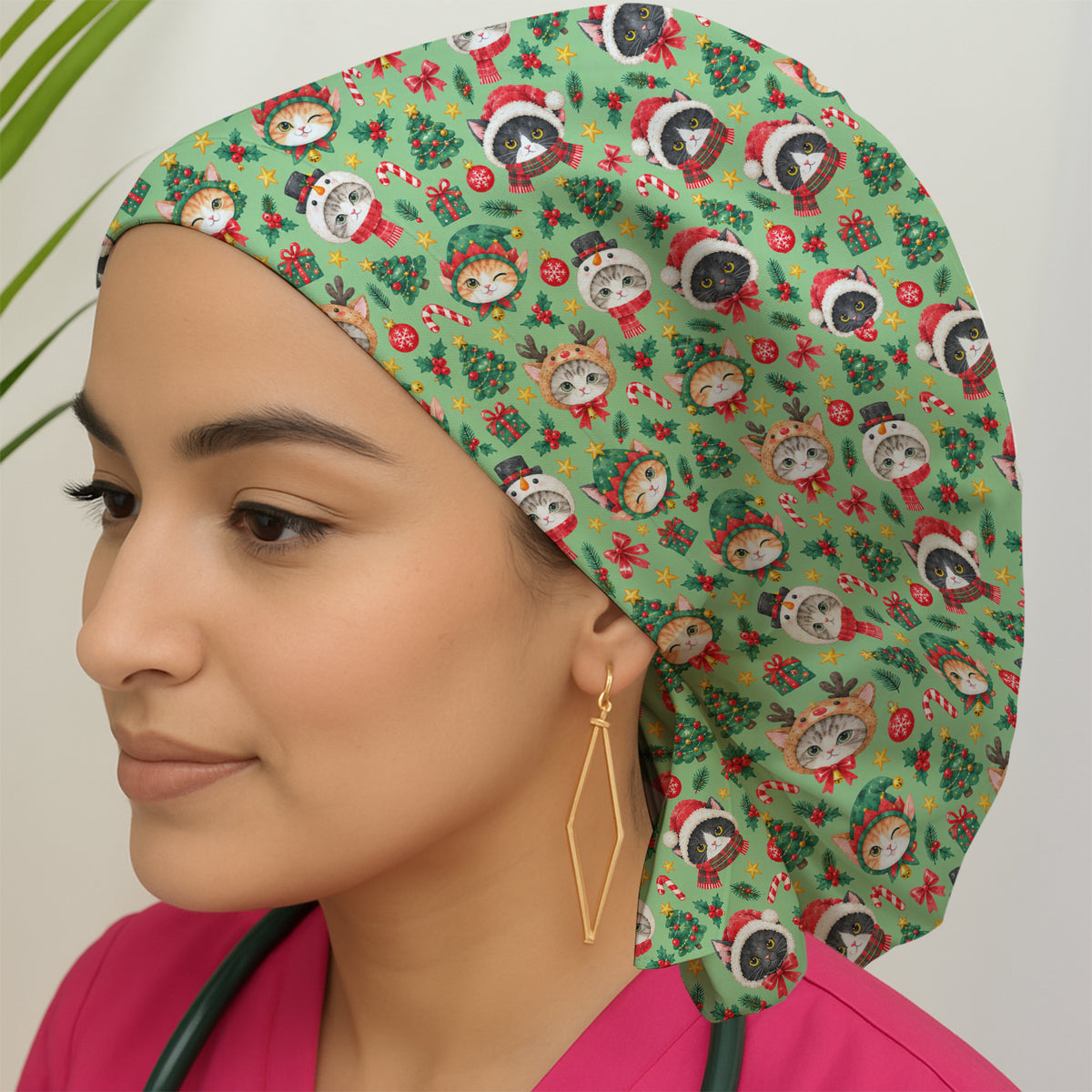 Christmas Cats And Trees Pattern Scrub Cap, Kawaii Medical Pattern Hat, Breathable Fabrics Nursing Uniform