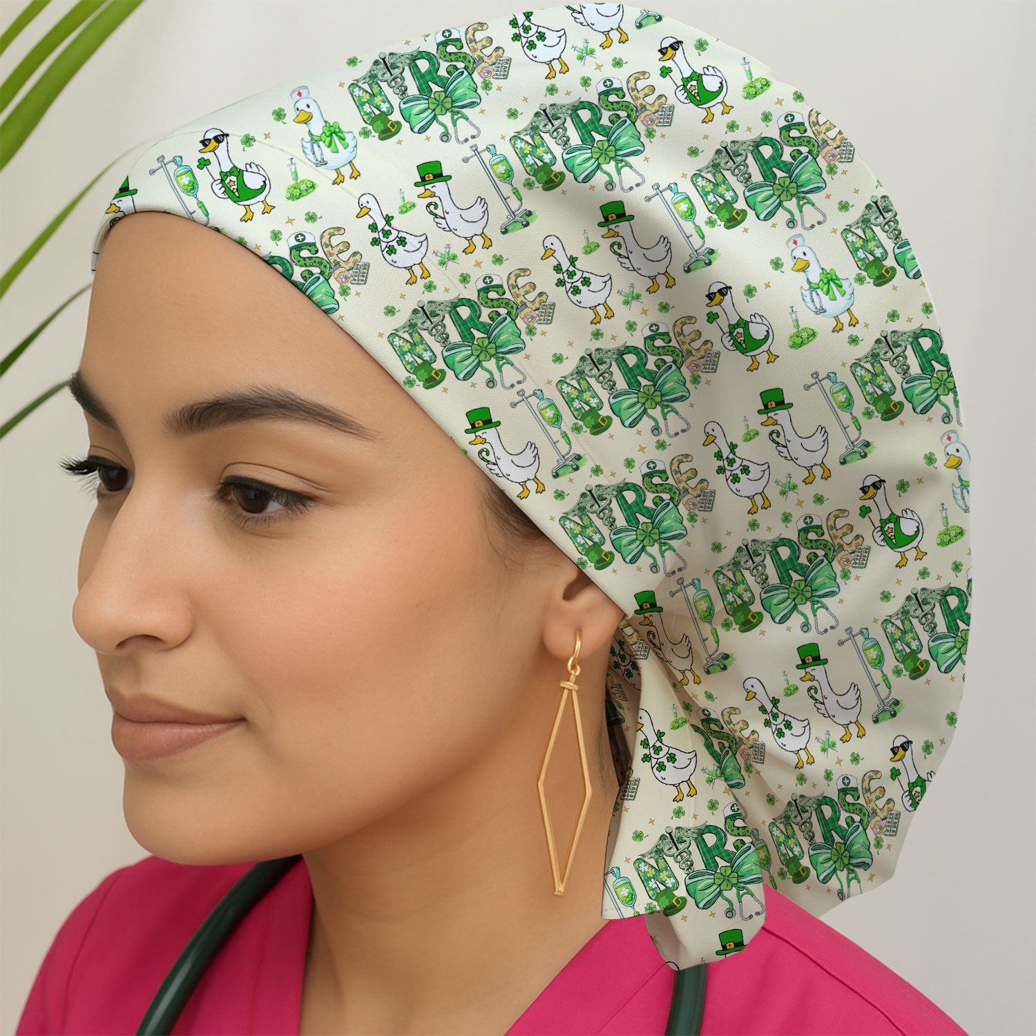 Funny Goose Nurse Shamrock Scrub Cap, St. Patrick’s Day Nurse Pattern Hat, Breathable Fabrics Nursing Uniform