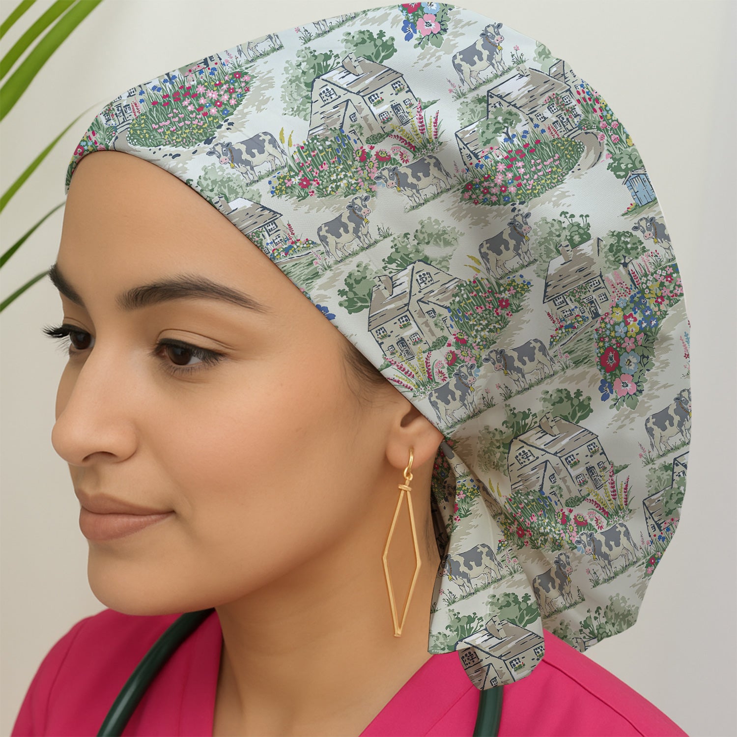 Charming Countryside Cows Cottage Garden Pattern Scrub Cap, Surgical Caps for Doctors