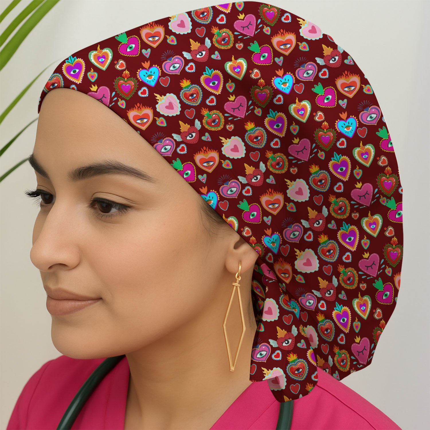 Valentine Colorful Sacred Heart Print Cap, Bouffant Scrub Caps for Women