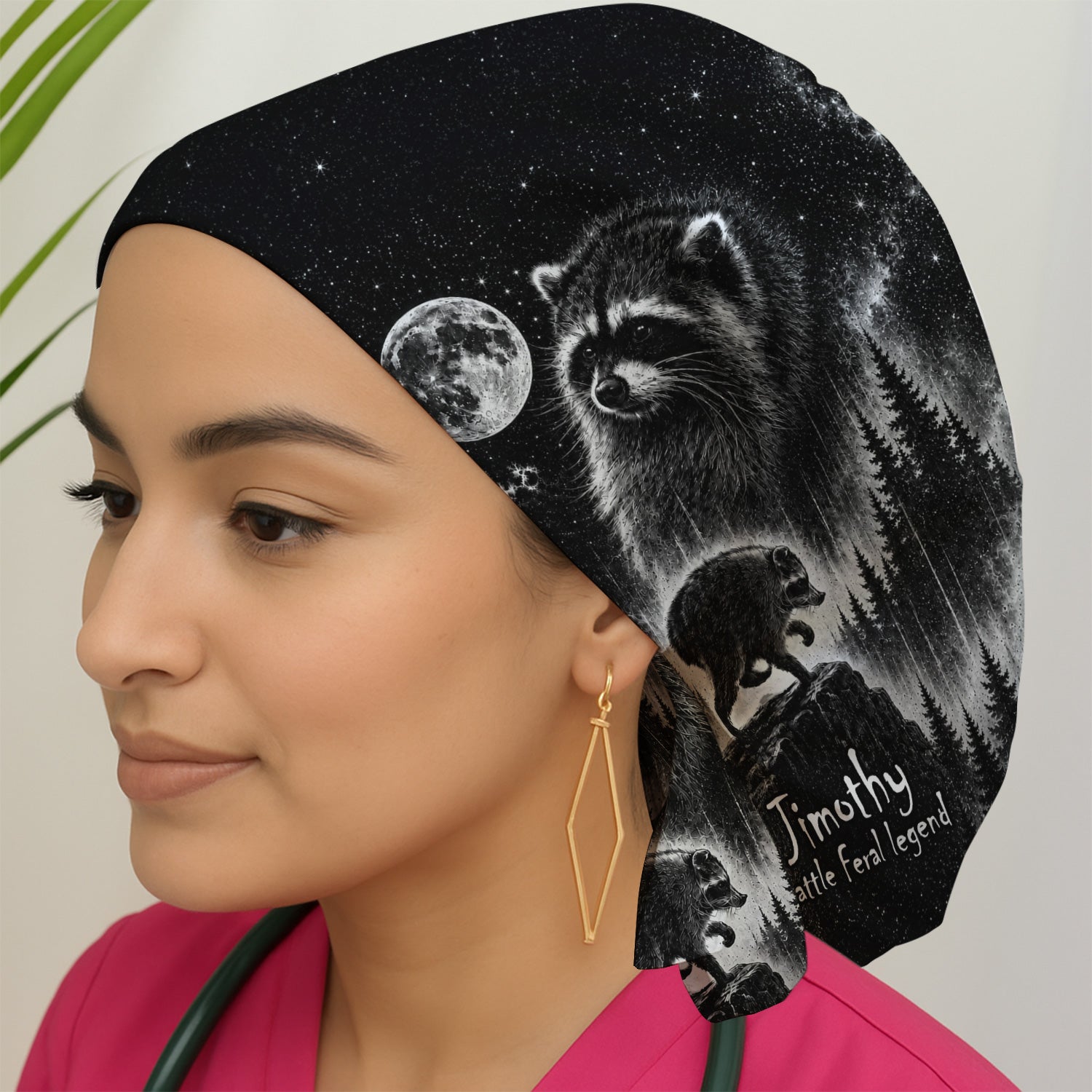 Moonlit Raccoon Forest Print Scrub Cap, Surgical Caps for Doctors