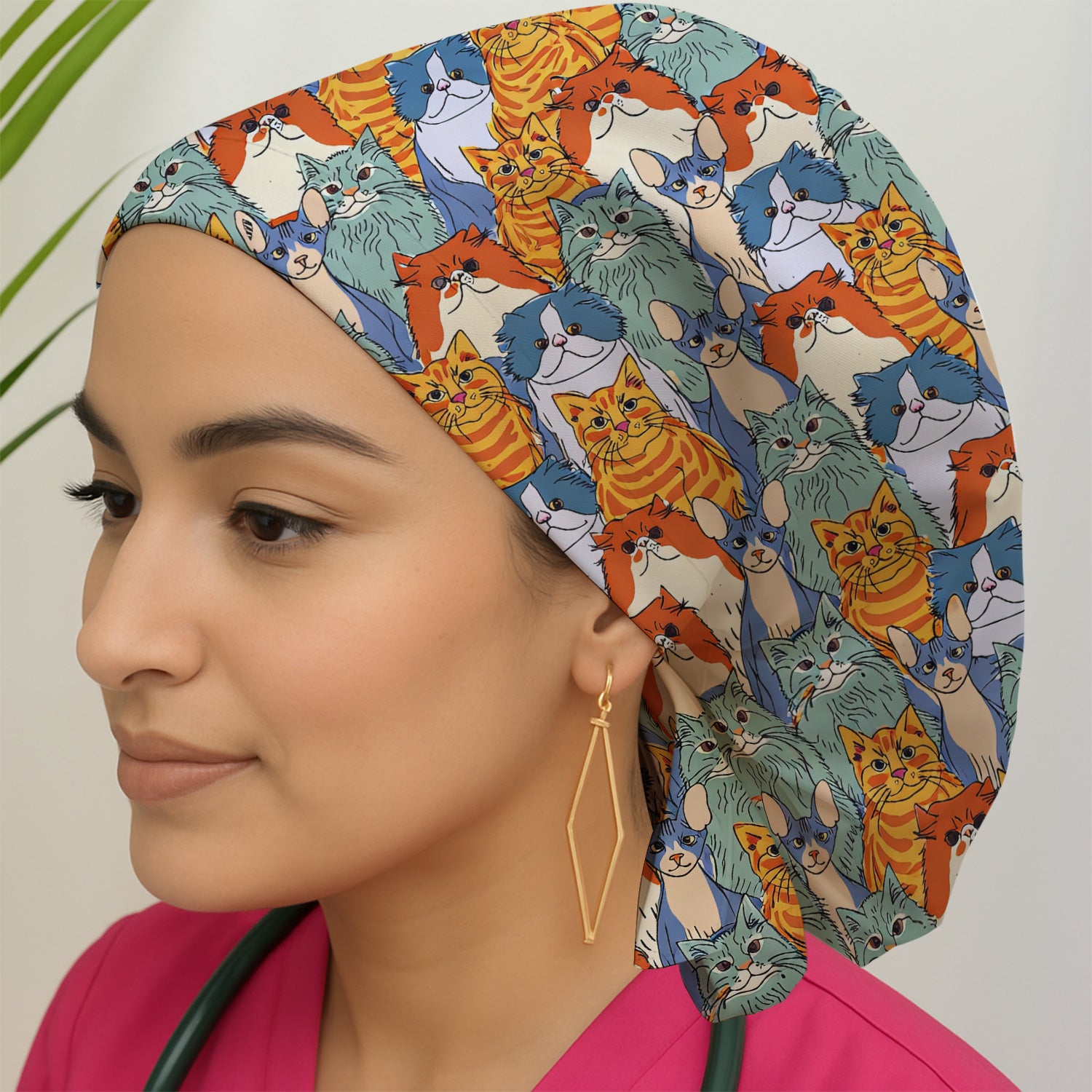 Cute Multicolor Cat Faces Illustration Pattern Scrub Cap, Bouffant Scrub Caps for Women