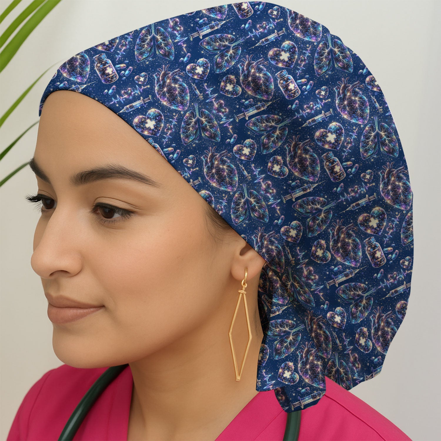 Galaxy Anatomical Heart Lung Syringe Print Cap, Bouffant Scrub Caps for Women