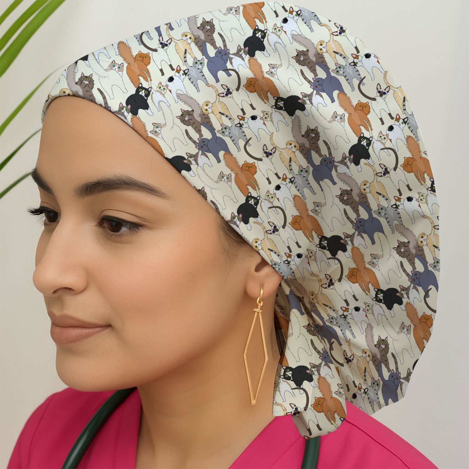 Whimsical Multicolor Cat Cartoon Pattern Cap, Bouffant Scrub Caps for Women