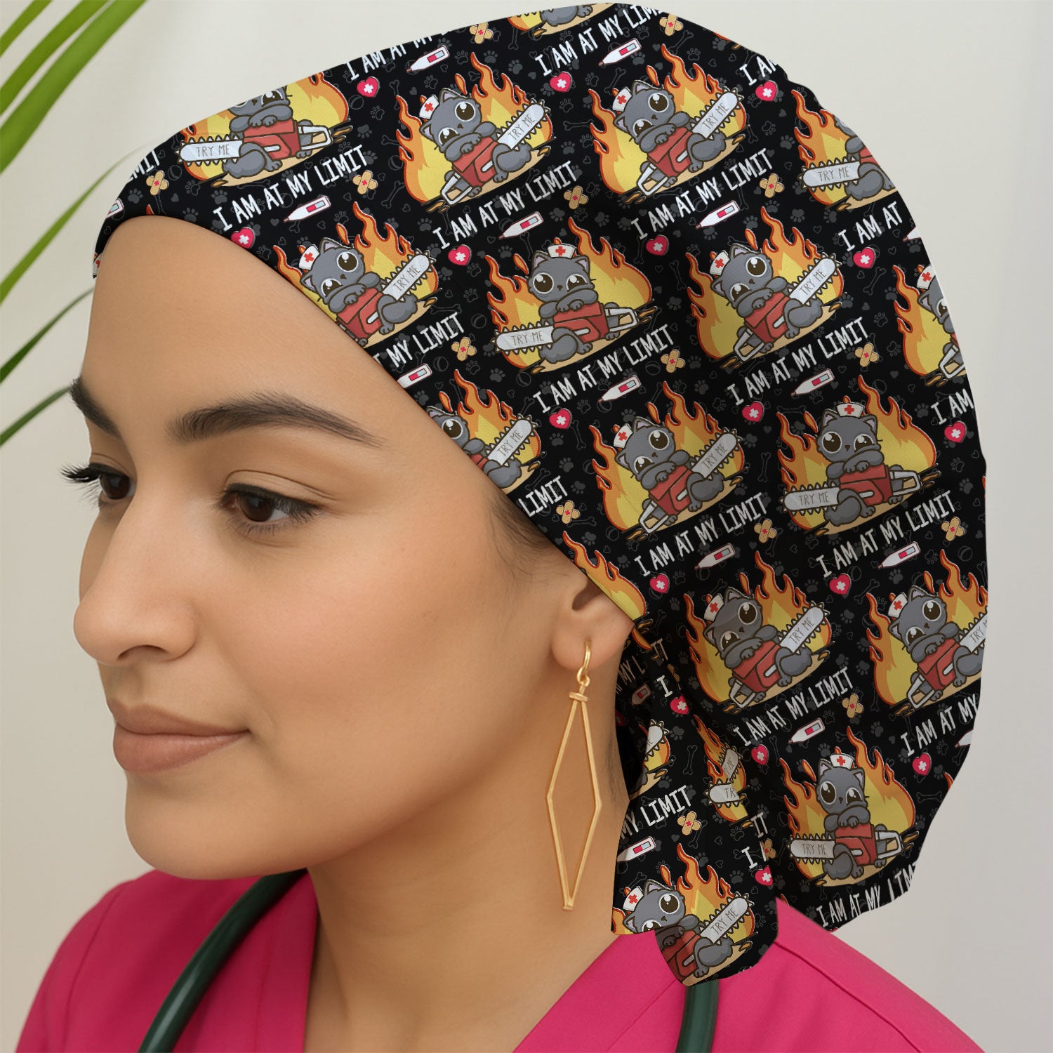 Funny Nurse Cat I Am At My Limit Cap, Bouffant Scrub Caps for Women