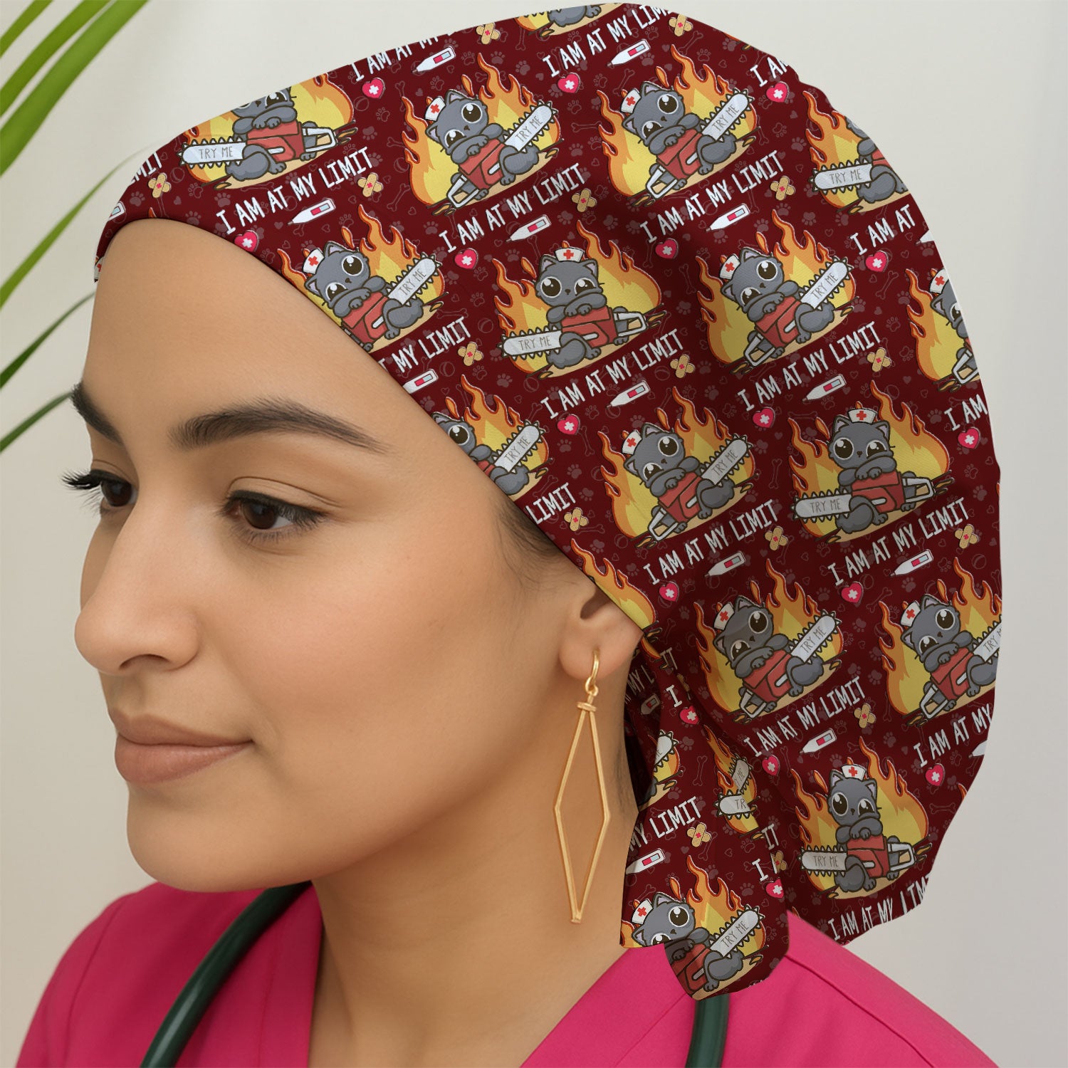 Funny Nurse Cat I Am At My Limit Cap, Bouffant Scrub Caps for Women