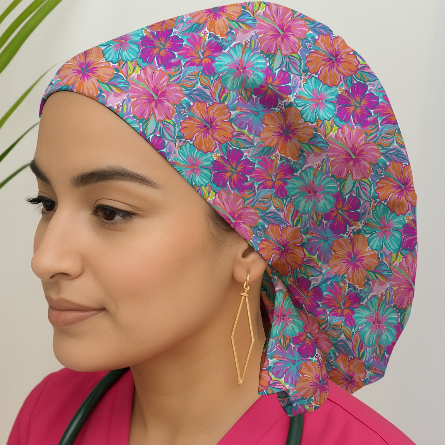 Vibrant Hibiscus Tropical Floral Pattern Scrub Cap, Surgical Caps for Doctors