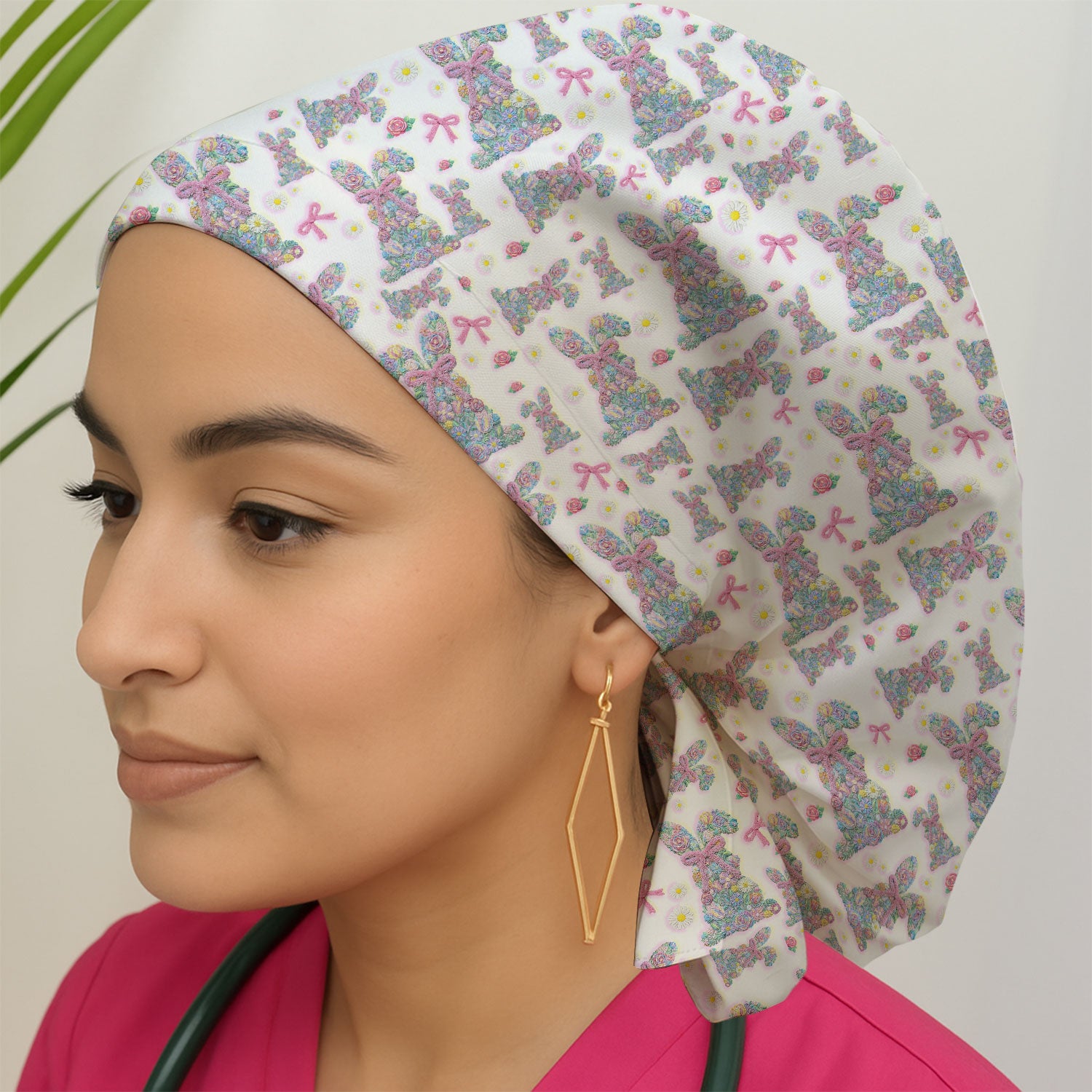 Colorful Floral Bunny with Pink Bow Pattern Scrub Cap, Breathable Fabrics Caps Uniform