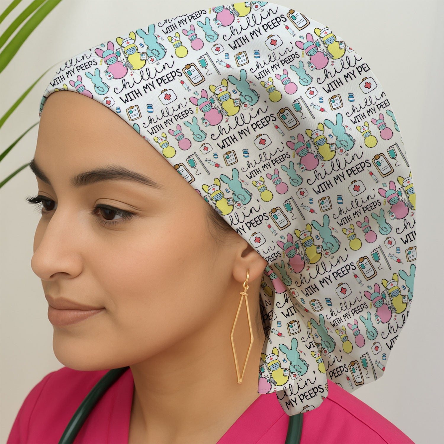 Cute Bunny Nurse Chillin With My Peeps Cap, Bouffant Scrub Caps for Women