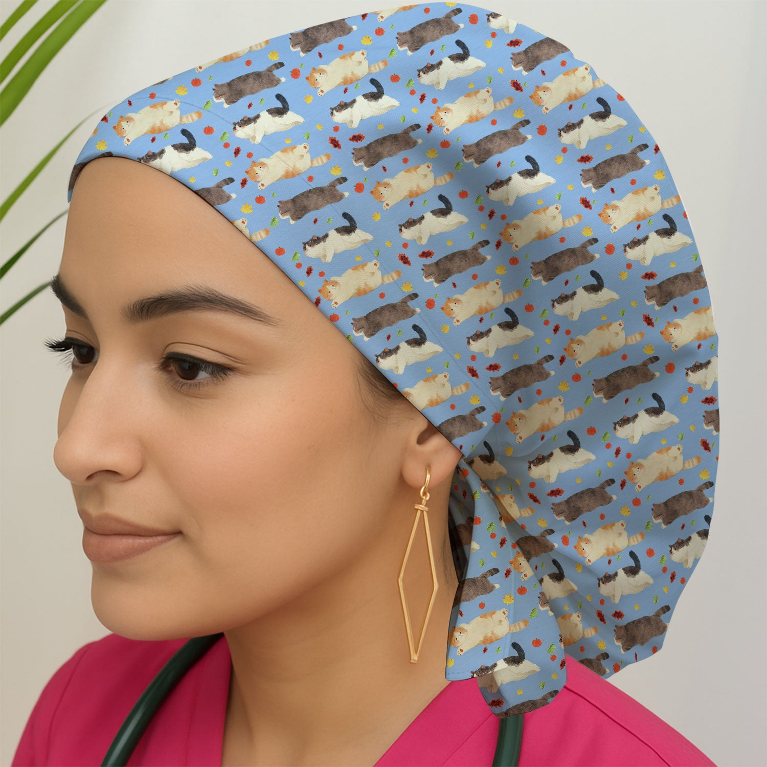 Chubby Cat Autumn Leaves Print Surgical Cap, Breathable Fabrics Caps Uniform