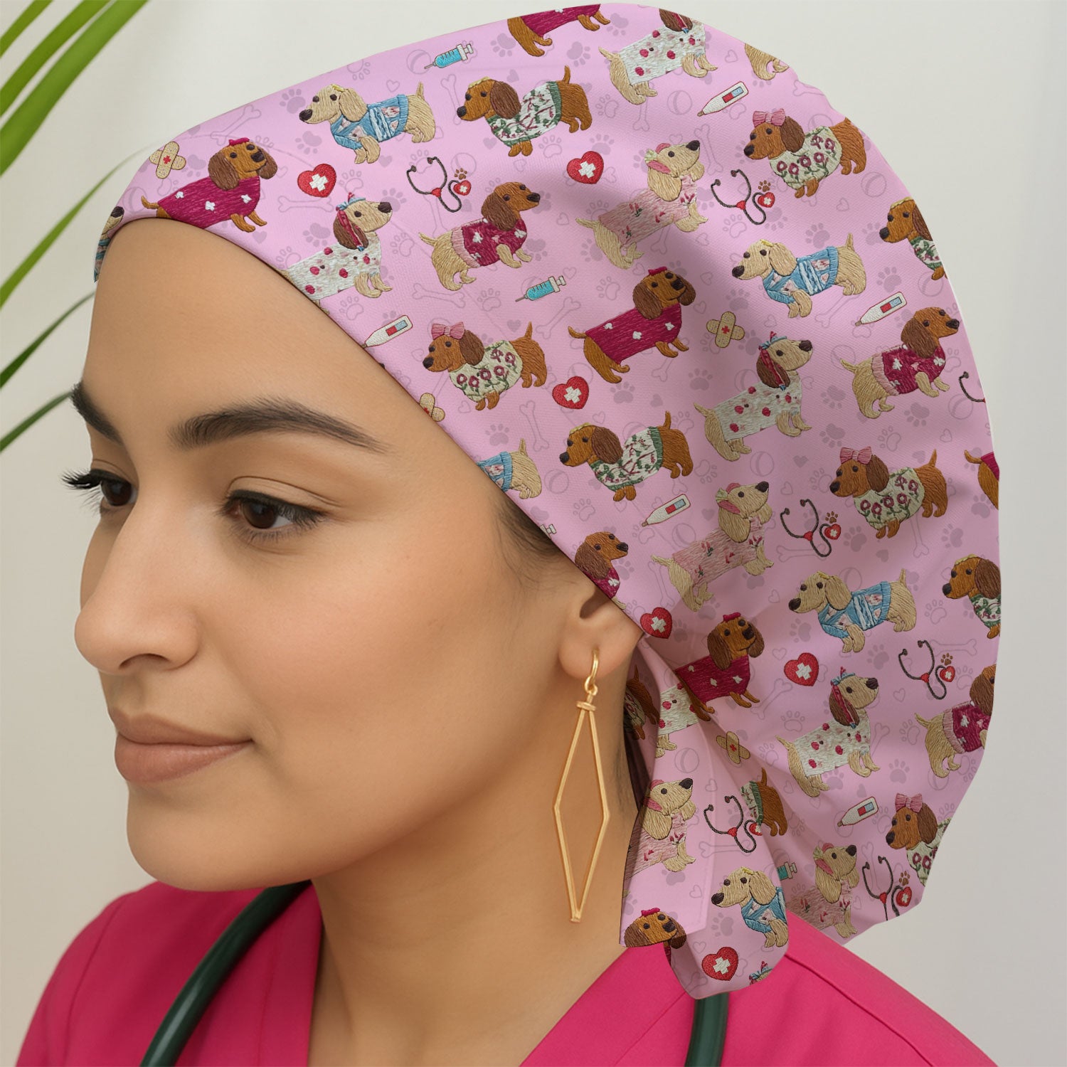 Cute Medical Wiener Dog Pattern Nurse Cap, Dachshund Nursing Scrub Hat, Breathable Fabrics Nursing Uniform