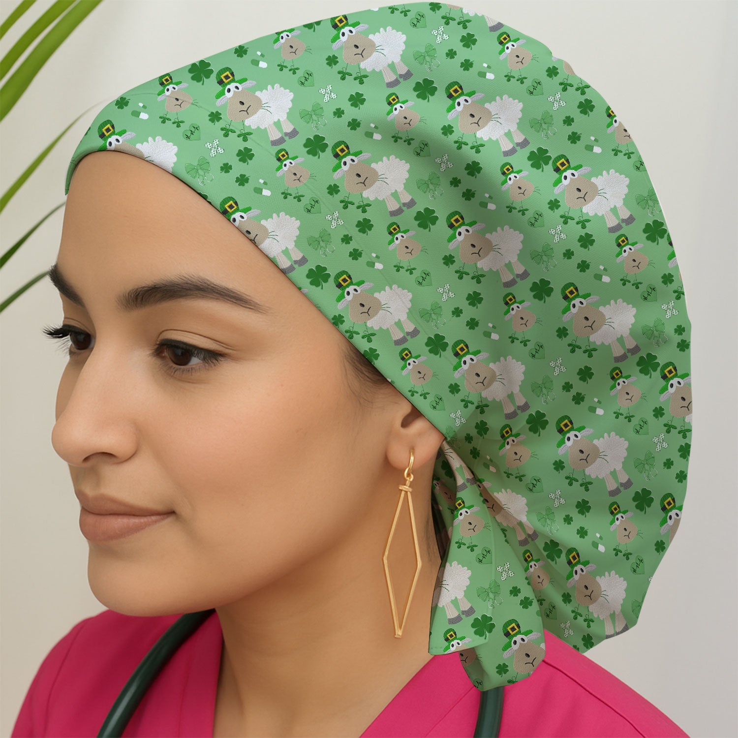 Nurse St. Patrick Scrubs Cap, Cute Sheep Shamrock Pattern Nurse Hat, Breathable Fabrics Nursing Uniform