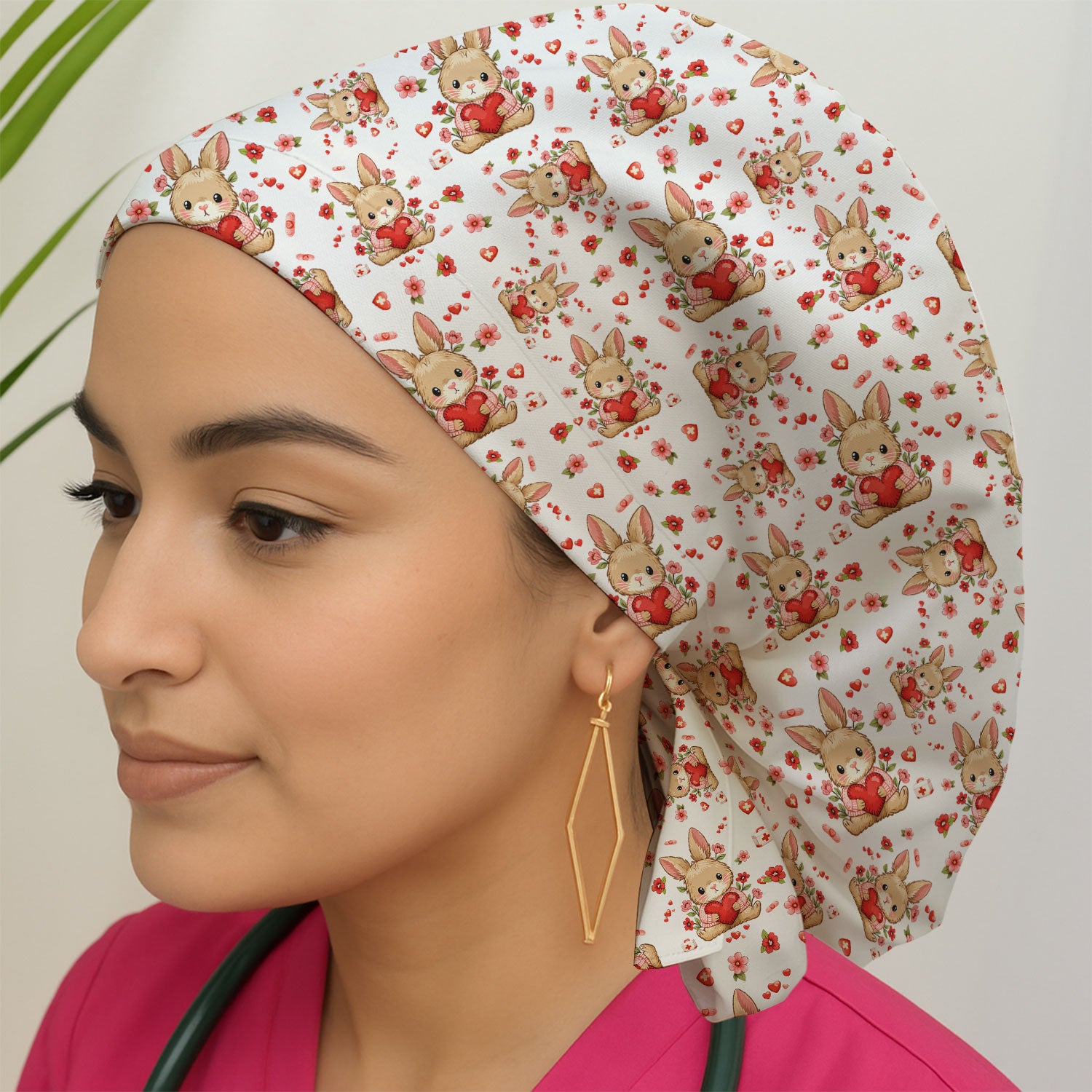 Adorable Bunny Heart Healthcare Design Cap, Bouffant Scrub Caps for Women
