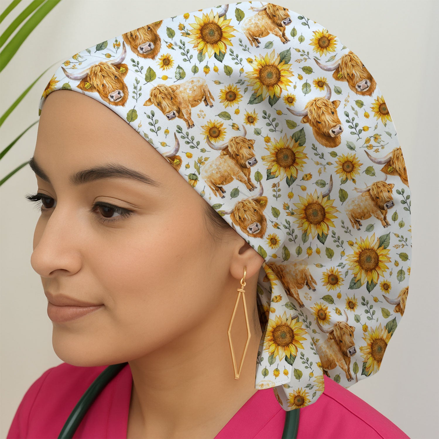 Highland Cow Sunflower Pattern Scrub Cap, Surgical Caps for Doctors