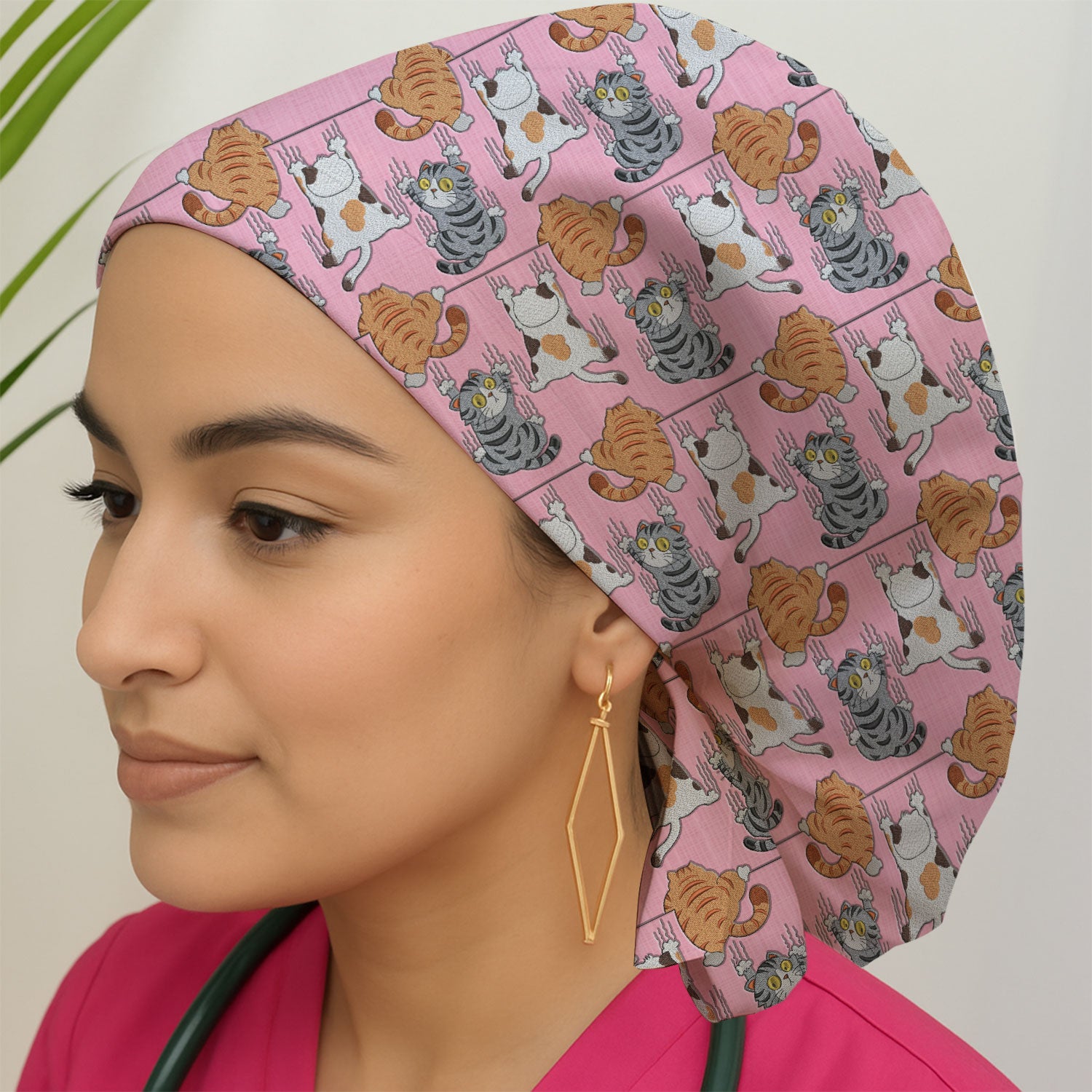 Cute Cat Pattern Nurse Scrub Cap, Cats Medical Pattern Hat, Breathable Fabrics Nursing Uniform