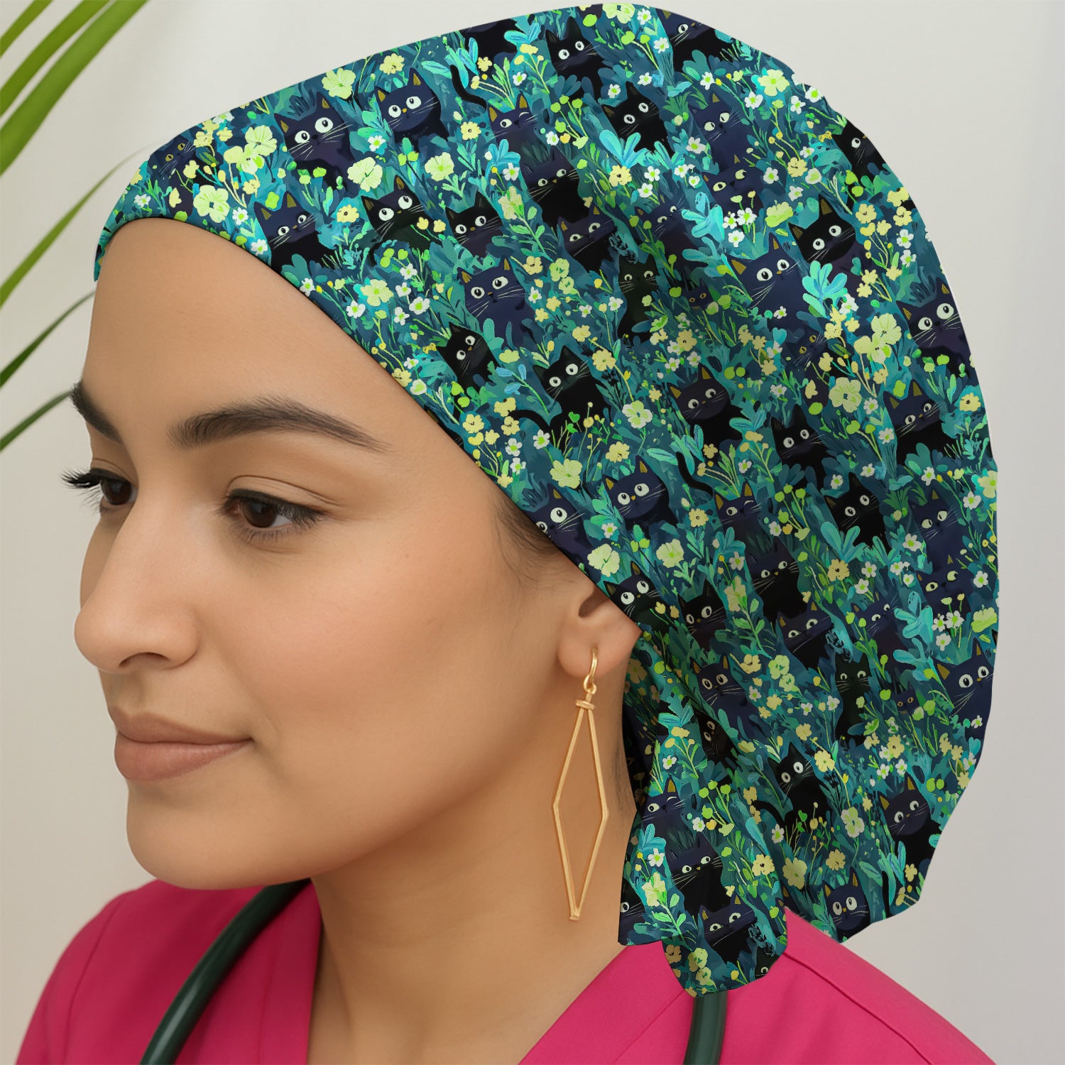 Black Cat Floral Pattern Scrub Cap, Surgical Caps for Doctors