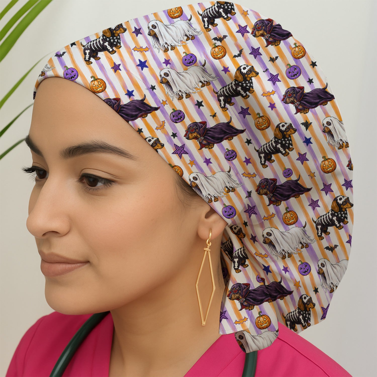 Halloween Dachshund Stripe Pattern Scrub Cap, Surgical Caps for Doctors