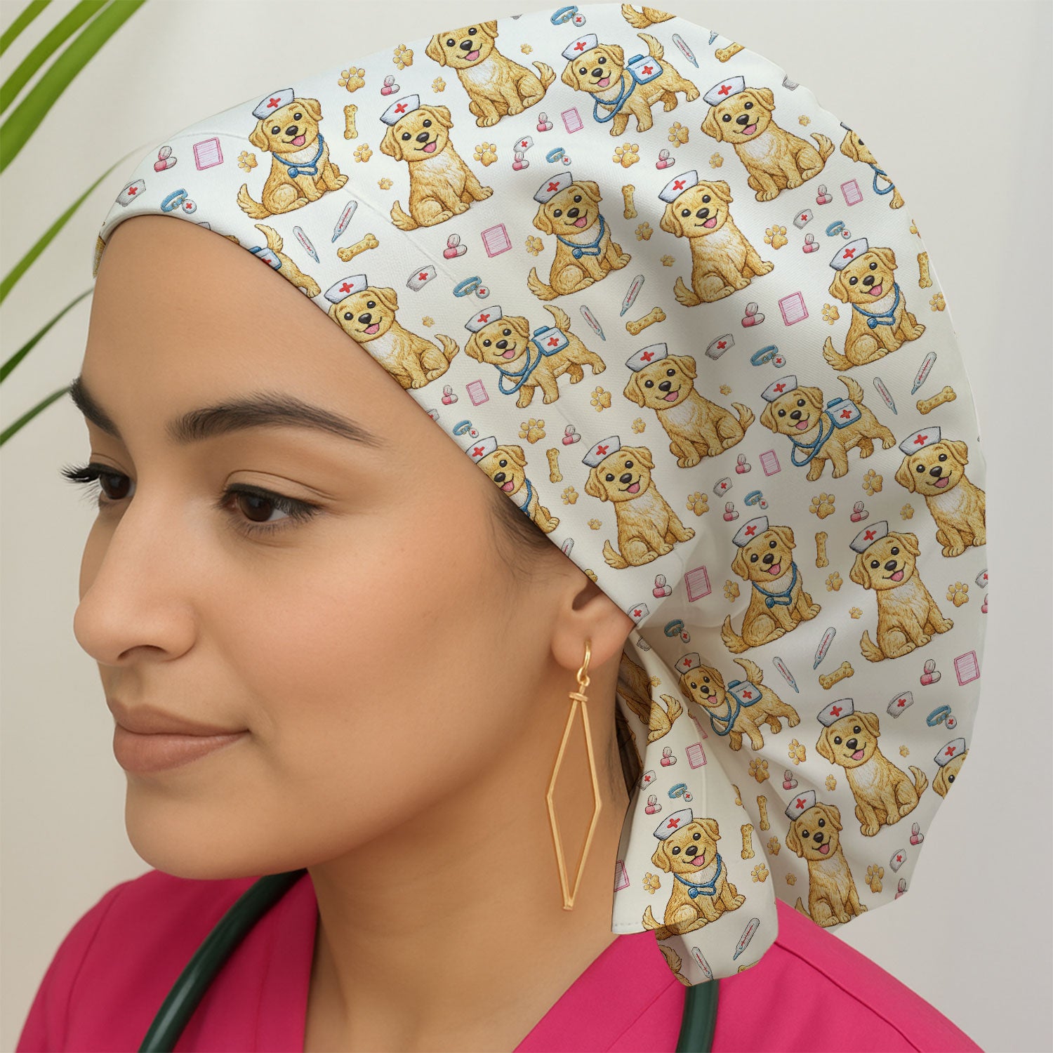 Cute Puppy Nurse Medical Print Cap, Bouffant Scrub Caps for Women