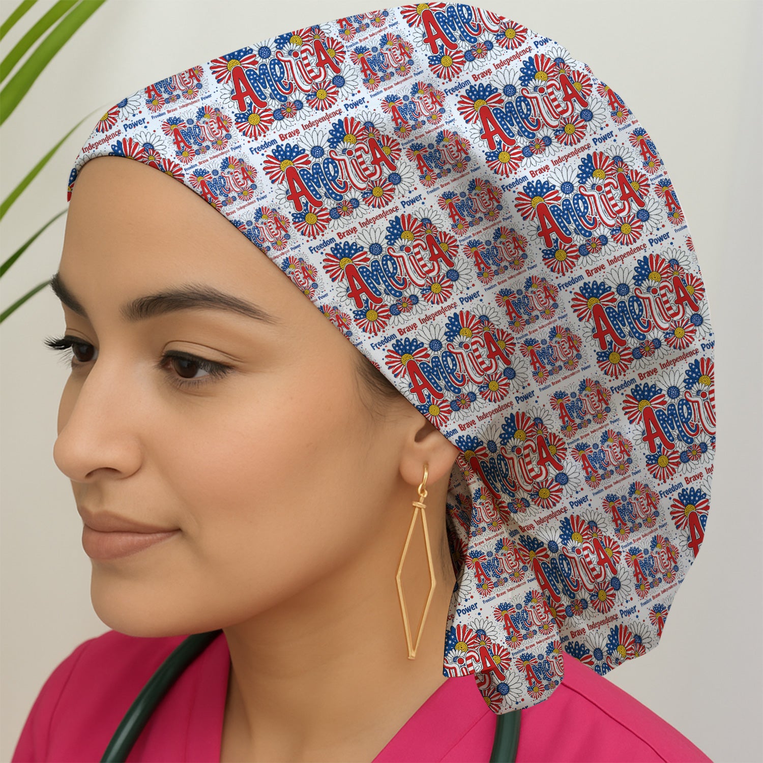 Patriotic America Floral Fireworks Pattern Scrub Cap, Surgical Caps for Doctors