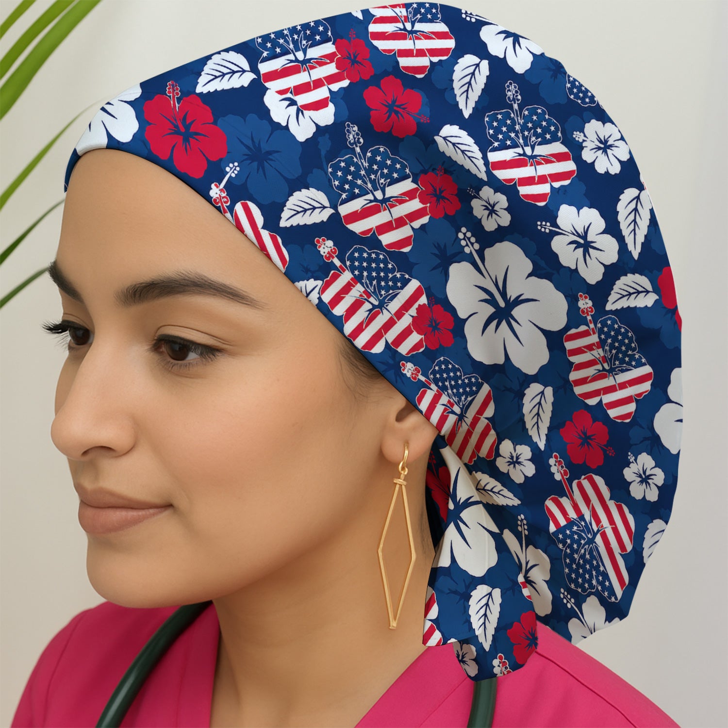Patriotic Hibiscus Flag Floral Print Scrub Cap, Surgical Caps for Doctors