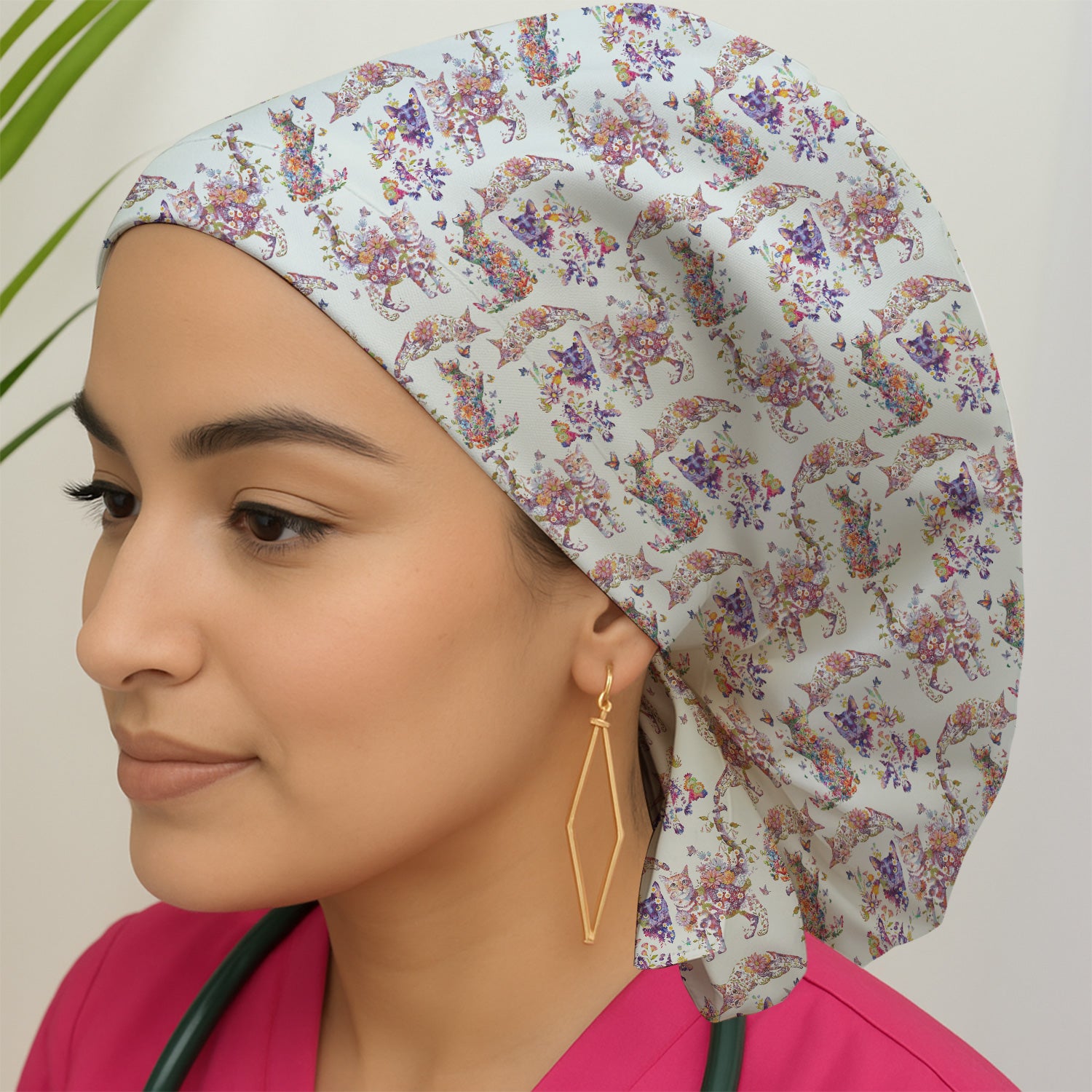 Whimsical Floral Cat Garden Pattern Scrub Cap, Surgical Caps for Doctors