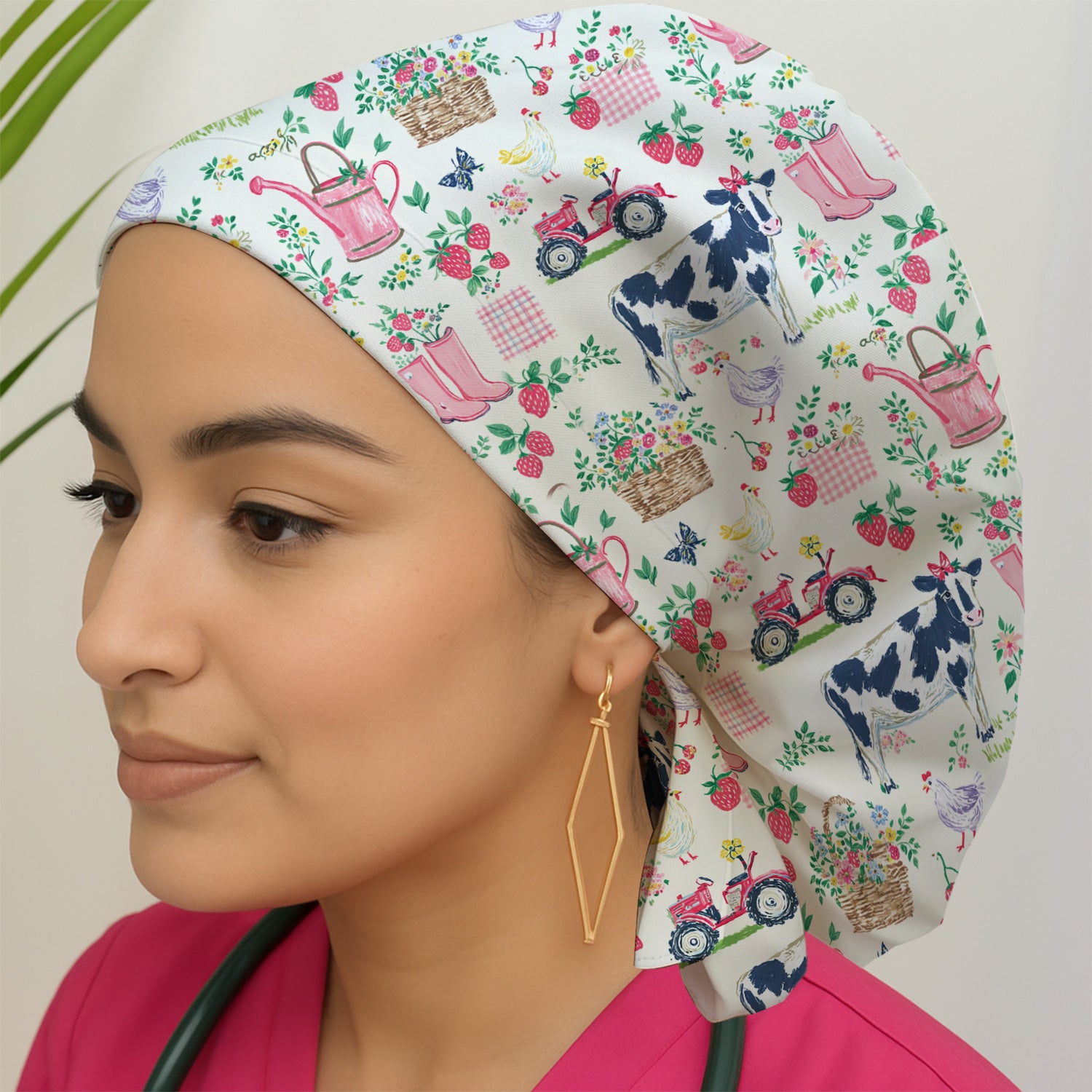 Strawberry Cow Farm Style Scrub Cap, Bouffant Scrub Caps for Women