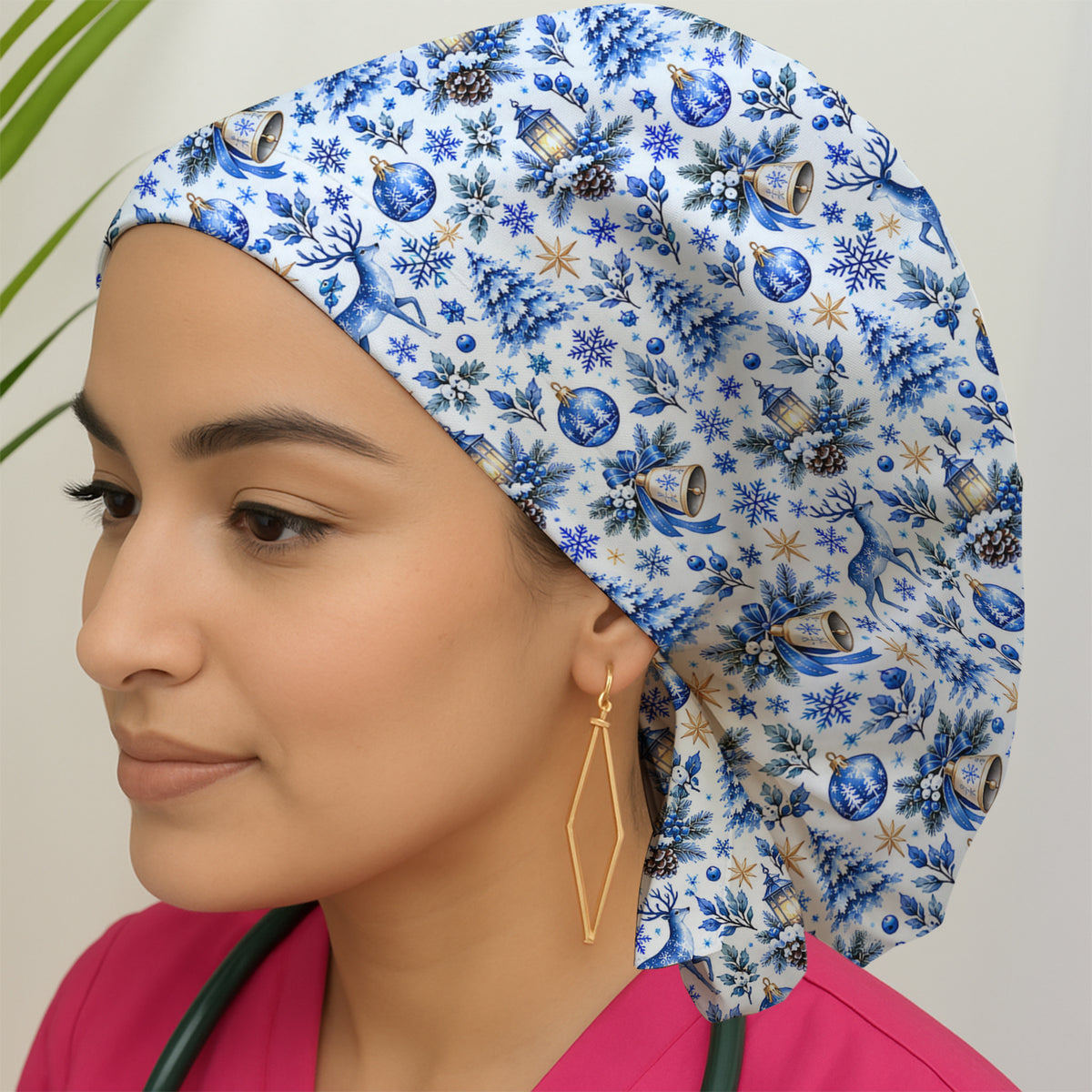 Blue Christmas Reindeer And Winter Trees Scrub Cap, Surgical Caps for Doctors