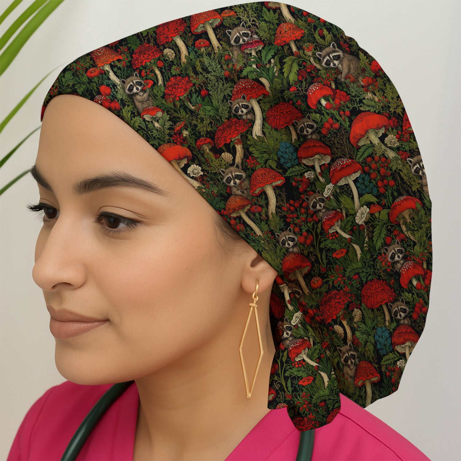 Woodland Raccoon Red Mushroom Pattern Scrub Cap, Surgical Caps for Doctors
