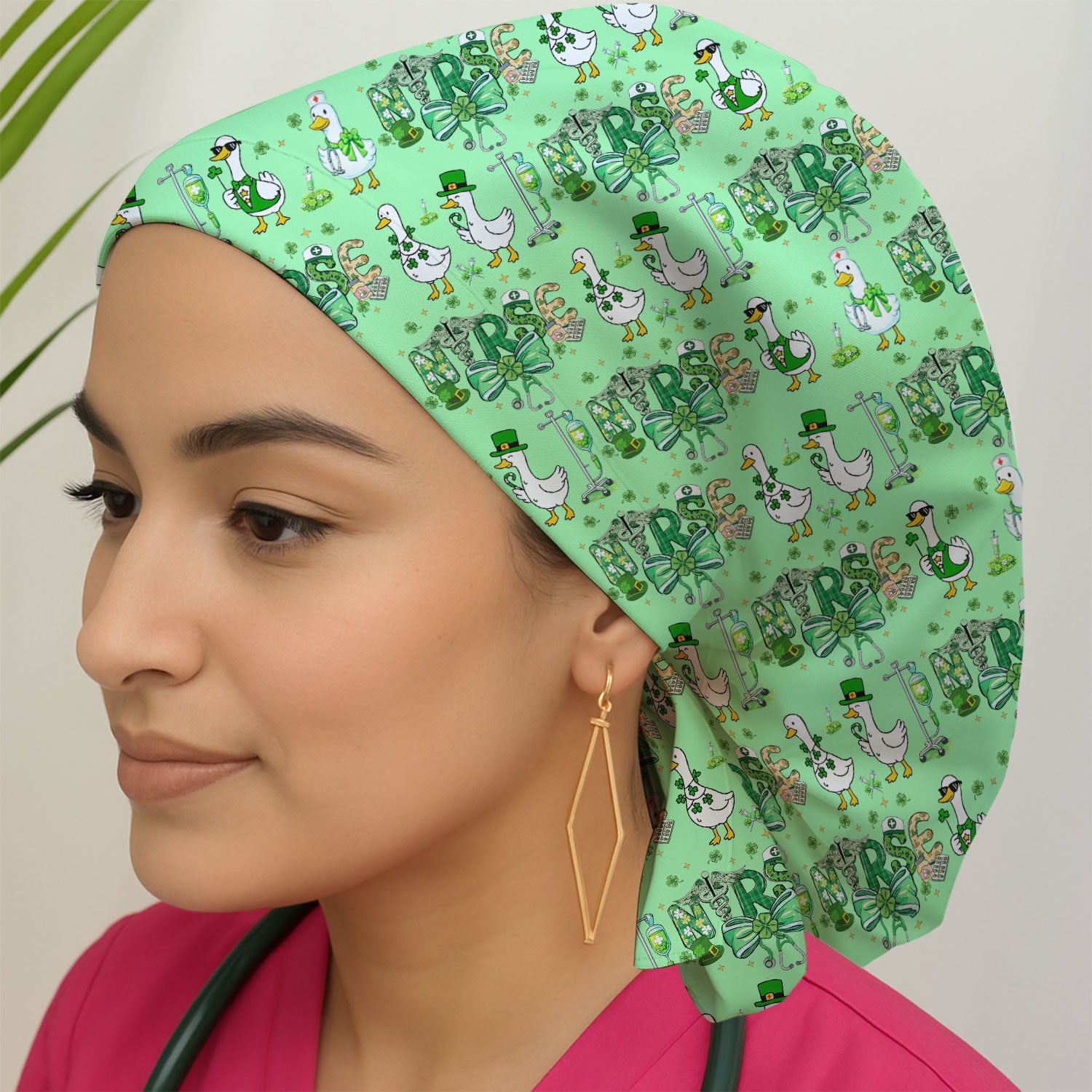 Funny Goose Nurse Shamrock Scrub Cap, St. Patrick’s Day Nurse Pattern Hat, Breathable Fabrics Nursing Uniform