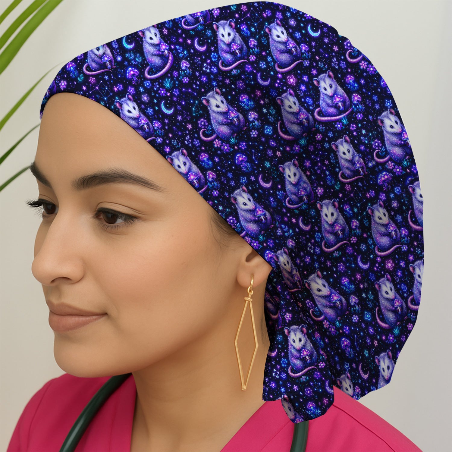 Neon Opossum Mushroom Galaxy Pattern Scrub Cap, Surgical Caps for Doctors